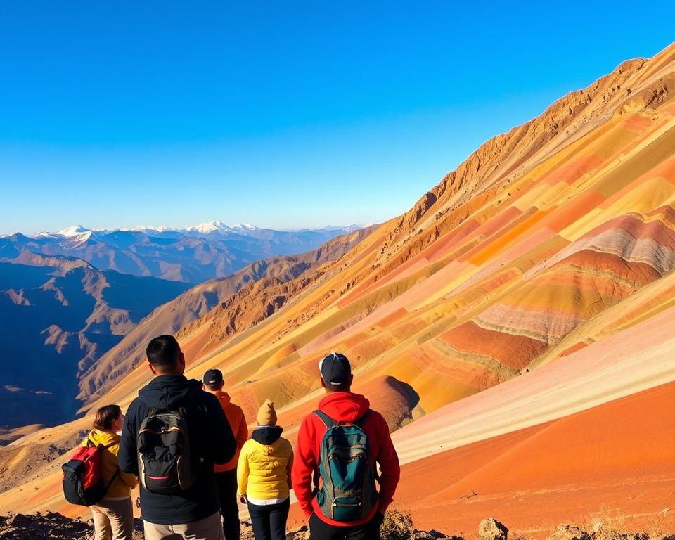 A breathtaking view of Rainbow Mountain in Peru during the golden hour, highlighting the vibrant, multicolored striations of the terrain that resemble a natural rainbow. In the foreground, a group of hikers in modest casual clothing, wearing appropriate gear, are acclimating to the high altitude, looking upward in awe at the majestic mountain. In the middle ground, the unique hills of varying colors blend seamlessly, showcasing shades of red, orange, yellow, green, and blue under a clear azure sky. The background reveals distant snow-capped peaks, adding depth and grandeur to the scene. Soft, warm lighting casts gentle shadows, creating an inviting atmosphere. This image captures the essence of preparation and the stunning beauty of high-altitude landscapes. A breathtaking view of Rainbow Mountain in Peru during the golden hour, highlighting the vibrant, multicolored striations of the terrain that resemble a natural rainbow. In the foreground, a group of hikers in modest casual clothing, wearing appropriate gear, are acclimating to the high altitude, looking upward in awe at the majestic mountain. In the middle ground, the unique hills of varying colors blend seamlessly, showcasing shades of red, orange, yellow, green, and blue under a clear azure sky. The background reveals distant snow-capped peaks, adding depth and grandeur to the scene. Soft, warm lighting casts gentle shadows, creating an inviting atmosphere. This image captures the essence of preparation and the stunning beauty of high-altitude landscapes.