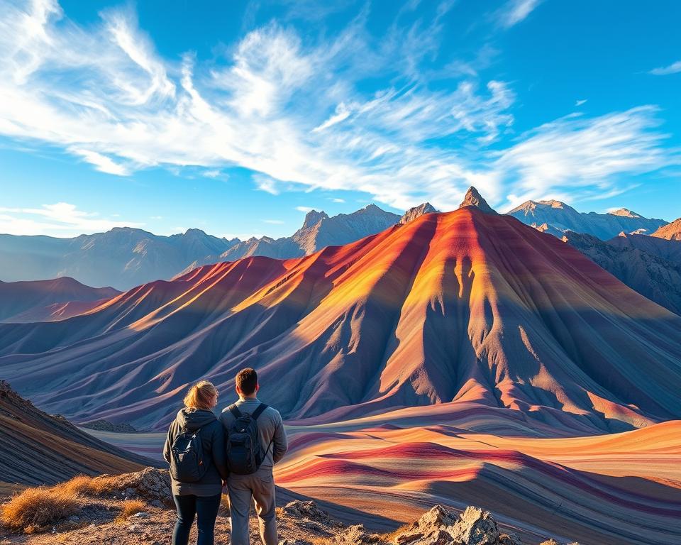 A breathtaking view of Rainbow Mountain in Peru during the golden hour, showcasing its vibrant, multicolored slopes. In the foreground, a couple of travelers adorned in modest hiking attire stand together, marveling at the stunning landscape. The middle of the scene features the rainbow stripes of the mountain, flowing from rich reds, yellows, and greens to deep blues and purples, capturing the natural beauty of this geological wonder. In the background, towering Andes mountains rise against a clear blue sky with wisps of fluffy white clouds. The lighting creates a warm, inviting atmosphere, emphasizing the mountain's colors while casting soft shadows on the terrain. The overall mood is one of adventure and appreciation for nature's artistry. Use a wide-angle lens for a panoramic effect, providing a sense of depth and grandeur. A breathtaking view of Rainbow Mountain in Peru during the golden hour, showcasing its vibrant, multicolored slopes. In the foreground, a couple of travelers adorned in modest hiking attire stand together, marveling at the stunning landscape. The middle of the scene features the rainbow stripes of the mountain, flowing from rich reds, yellows, and greens to deep blues and purples, capturing the natural beauty of this geological wonder. In the background, towering Andes mountains rise against a clear blue sky with wisps of fluffy white clouds. The lighting creates a warm, inviting atmosphere, emphasizing the mountain's colors while casting soft shadows on the terrain. The overall mood is one of adventure and appreciation for nature's artistry. Use a wide-angle lens for a panoramic effect, providing a sense of depth and grandeur.