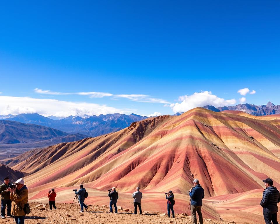 A breathtaking view of Rainbow Mountain in Peru, showcasing its vibrant, multicolored layers of earth under a clear blue sky. The foreground features a small group of photographers dressed in modest casual clothing, capturing the scene with cameras and tripods. In the middle ground, the dramatic, rainbow-hued slopes rise majestically, with shades of red, yellow, green, and blue creating a stunning natural palette. In the background, the rugged Andes mountains provide a majestic backdrop, with wispy clouds floating gently above. The sunlight bathes the landscape in a warm golden glow, enhancing the colors, while casting soft shadows for depth. The atmosphere is tranquil and awe-inspiring, encouraging exploration and appreciation of nature's artistry. A breathtaking view of Rainbow Mountain in Peru, showcasing its vibrant, multicolored layers of earth under a clear blue sky. The foreground features a small group of photographers dressed in modest casual clothing, capturing the scene with cameras and tripods. In the middle ground, the dramatic, rainbow-hued slopes rise majestically, with shades of red, yellow, green, and blue creating a stunning natural palette. In the background, the rugged Andes mountains provide a majestic backdrop, with wispy clouds floating gently above. The sunlight bathes the landscape in a warm golden glow, enhancing the colors, while casting soft shadows for depth. The atmosphere is tranquil and awe-inspiring, encouraging exploration and appreciation of nature's artistry.