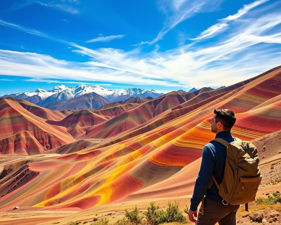 A breathtaking view of Rainbow Mountain in Peru, showcasing the vibrant, multicolored strata of the land. In the foreground, a single, well-dressed hiker with a light backpack is admiring the scenery, reflecting curiosity and awe. The middle ground features rolling hills in rich shades of red, orange, yellow, and green, highlighting unique geological formations. The background consists of majestic snow-capped peaks under a clear blue sky, with wispy clouds adding depth to the scene. The sunlight casts warm, golden hues over the landscape, enhancing the colors of the mountain and creating a sense of serenity and adventure. The angle captures the hiker’s perspective, making the viewer feel a part of this vivid, natural wonder. A breathtaking view of Rainbow Mountain in Peru, showcasing the vibrant, multicolored strata of the land. In the foreground, a single, well-dressed hiker with a light backpack is admiring the scenery, reflecting curiosity and awe. The middle ground features rolling hills in rich shades of red, orange, yellow, and green, highlighting unique geological formations. The background consists of majestic snow-capped peaks under a clear blue sky, with wispy clouds adding depth to the scene. The sunlight casts warm, golden hues over the landscape, enhancing the colors of the mountain and creating a sense of serenity and adventure. The angle captures the hiker’s perspective, making the viewer feel a part of this vivid, natural wonder.