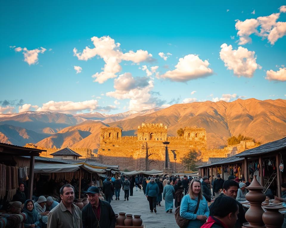A breathtaking view of Tawantinsuyu, the Inca Empire, showcasing its monumental architecture and rich culture. In the foreground, a bustling marketplace with Incan citizens dressed in traditional clothing engaged in trade, surrounded by woven textiles and pottery. In the middle, a grand stone structure, reminiscent of Sacsayhuamán, with intricately carved stones reflecting the skill of Inca craftsmen. In the background, majestic Andean mountains under a bright blue sky, with soft clouds casting gentle shadows. Golden light of sunset enhances the warmth of the scene, creating an inviting atmosphere. The overall mood conveys a sense of majesty and historical significance, capturing the essence of Inca civilization and its organized society. Shot from a slightly elevated angle for depth. A breathtaking view of Tawantinsuyu, the Inca Empire, showcasing its monumental architecture and rich culture. In the foreground, a bustling marketplace with Incan citizens dressed in traditional clothing engaged in trade, surrounded by woven textiles and pottery. In the middle, a grand stone structure, reminiscent of Sacsayhuamán, with intricately carved stones reflecting the skill of Inca craftsmen. In the background, majestic Andean mountains under a bright blue sky, with soft clouds casting gentle shadows. Golden light of sunset enhances the warmth of the scene, creating an inviting atmosphere. The overall mood conveys a sense of majesty and historical significance, capturing the essence of Inca civilization and its organized society. Shot from a slightly elevated angle for depth.