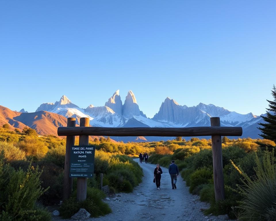 A breathtaking view of Torres del Paine National Park’s iconic granite peaks rising majestically in the background under a clear blue sky. In the foreground, showcase a rustic wooden entrance gate marked with signs displaying park rules and hours, surrounded by lush greenery and native flora, emphasizing the park's natural beauty. The middle ground features a well-trodden trail inviting adventurers, with hikers in modest casual clothing exploring the area, adding a sense of scale and human connection. Soft, warm sunlight illuminates the scene creating a vibrant atmosphere, highlighting the textures of the mountains and the inviting path. The angle should be slightly elevated, capturing both the grandeur of the peaks and the welcoming entrance, embodying the adventure and respect for nature integral to visiting the park.