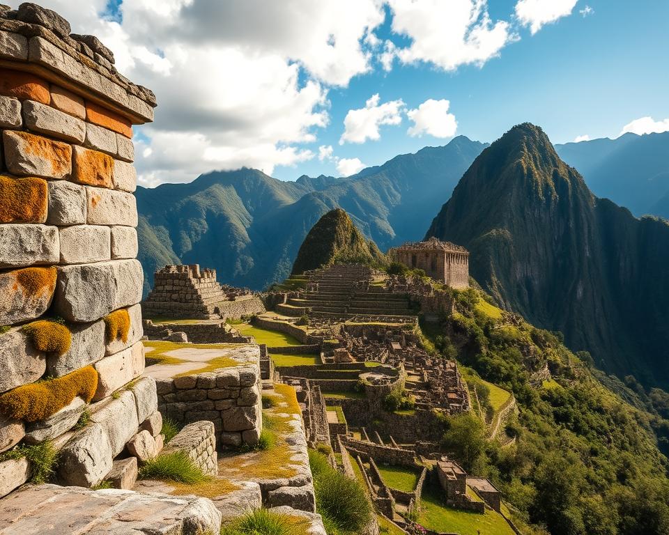 A breathtaking view of ancient Inca ruins nestled in the Sacred Valley of Peru, showcasing intricate stonework and lush greenery. In the foreground, a well-preserved temple with large, weathered stones, partially covered in vibrant moss, is illuminated by soft, warm sunlight filtering through scattered clouds. In the middle ground, terraced fields cascade down the hillsides, dotted with colorful wildflowers. In the background, majestic Andean mountains rise against a clear blue sky, enhancing the grandeur of the scene. Capture this picturesque landscape with a wide-angle lens to emphasize the vastness and scale, creating an atmosphere of tranquility and mystery that draws the viewer into the history of this fascinating archaeological site. A breathtaking view of ancient Inca ruins nestled in the Sacred Valley of Peru, showcasing intricate stonework and lush greenery. In the foreground, a well-preserved temple with large, weathered stones, partially covered in vibrant moss, is illuminated by soft, warm sunlight filtering through scattered clouds. In the middle ground, terraced fields cascade down the hillsides, dotted with colorful wildflowers. In the background, majestic Andean mountains rise against a clear blue sky, enhancing the grandeur of the scene. Capture this picturesque landscape with a wide-angle lens to emphasize the vastness and scale, creating an atmosphere of tranquility and mystery that draws the viewer into the history of this fascinating archaeological site.