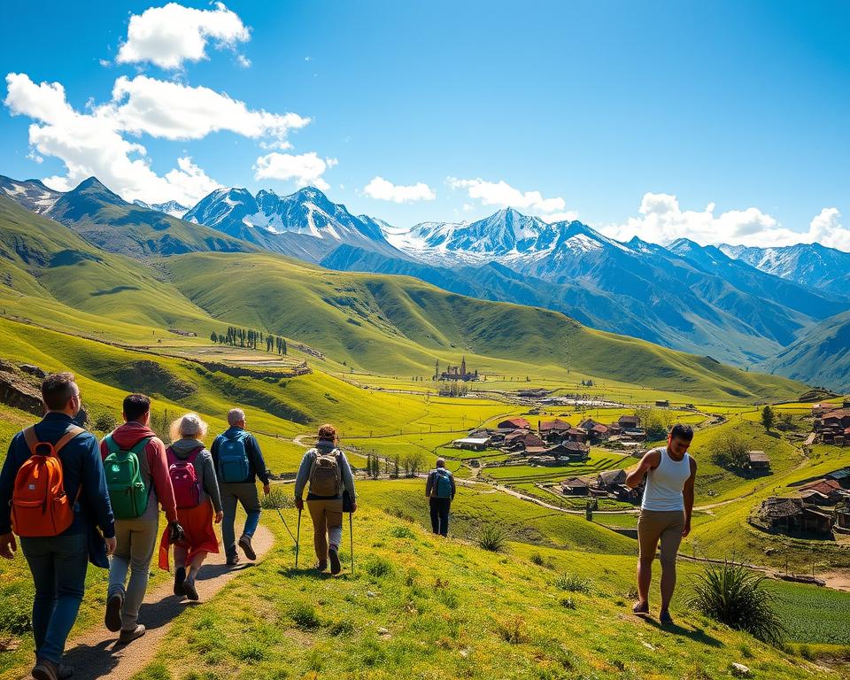 A breathtaking view of sustainable trekking in the Andes mountains, showcasing vibrant green valleys and rocky peaks under a bright blue sky. In the foreground, a diverse group of hikers in modest, eco-friendly clothing walk along a winding trail, carrying reusable water bottles and biodegradable gear, symbolizing their commitment to environmental protection. In the middle ground, traditional Andean communities can be seen engaging in sustainable farming practices, with colorful crops and local wildlife. The background features majestic mountain ranges dusted with snow and scattered clouds, bathed in warm sunlight that casts gentle shadows, creating a serene and inviting atmosphere. The composition emphasizes harmony between nature and community, inspiring a sense of adventure and ecological responsibility. A breathtaking view of sustainable trekking in the Andes mountains, showcasing vibrant green valleys and rocky peaks under a bright blue sky. In the foreground, a diverse group of hikers in modest, eco-friendly clothing walk along a winding trail, carrying reusable water bottles and biodegradable gear, symbolizing their commitment to environmental protection. In the middle ground, traditional Andean communities can be seen engaging in sustainable farming practices, with colorful crops and local wildlife. The background features majestic mountain ranges dusted with snow and scattered clouds, bathed in warm sunlight that casts gentle shadows, creating a serene and inviting atmosphere. The composition emphasizes harmony between nature and community, inspiring a sense of adventure and ecological responsibility.