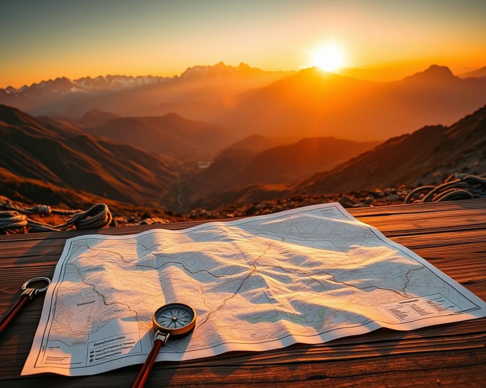 A breathtaking view of the Andes mountains, captured at sunrise, with vibrant warm hues illuminated by the golden light. In the foreground, a detailed topographic map sprawls open on a sturdy wooden table, surrounded by essential hiking gear like a compass, water bottle, and climbing ropes, emphasizing the theme of route planning. In the middle ground, rugged mountain trails meander through lush valleys and rocky terrain, revealing the diverse landscape beneath the towering peaks. The background features snow-capped mountain summits piercing through the clouds, creating a sense of grandeur and adventure. The lighting is soft yet bright, highlighting the beauty of the high-altitude environment, while the atmosphere conveys excitement and inspiration for outdoor exploration and effective route planning. A breathtaking view of the Andes mountains, captured at sunrise, with vibrant warm hues illuminated by the golden light. In the foreground, a detailed topographic map sprawls open on a sturdy wooden table, surrounded by essential hiking gear like a compass, water bottle, and climbing ropes, emphasizing the theme of route planning. In the middle ground, rugged mountain trails meander through lush valleys and rocky terrain, revealing the diverse landscape beneath the towering peaks. The background features snow-capped mountain summits piercing through the clouds, creating a sense of grandeur and adventure. The lighting is soft yet bright, highlighting the beauty of the high-altitude environment, while the atmosphere conveys excitement and inspiration for outdoor exploration and effective route planning.