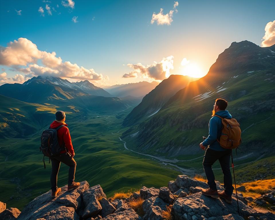 A breathtaking view of the Andes mountains during the ideal travel season, showcasing vibrant green valleys and rugged peaks. In the foreground, a hiker in professional outdoor attire stands on a rocky outcrop, gazing at the breathtaking landscape, with a clear blue sky above and fluffy white clouds. The middle ground features lush green hills rolling into steep, majestic mountain ranges that tower high, with patches of snow hinting at cooler weather. In the background, the sun sets, casting a warm golden hue over the mountains, while shadows enhance the textures of the rocky surfaces. The atmosphere is serene and invigorating, capturing the essence of adventure and exploration in South America’s highlands. A breathtaking view of the Andes mountains during the ideal travel season, showcasing vibrant green valleys and rugged peaks. In the foreground, a hiker in professional outdoor attire stands on a rocky outcrop, gazing at the breathtaking landscape, with a clear blue sky above and fluffy white clouds. The middle ground features lush green hills rolling into steep, majestic mountain ranges that tower high, with patches of snow hinting at cooler weather. In the background, the sun sets, casting a warm golden hue over the mountains, while shadows enhance the textures of the rocky surfaces. The atmosphere is serene and invigorating, capturing the essence of adventure and exploration in South America’s highlands.