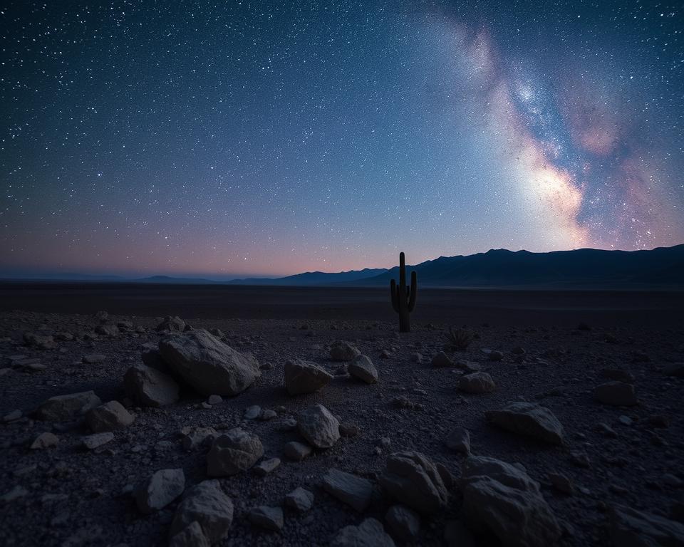A breathtaking view of the Atacama Desert at night, showcasing a crystal-clear starry sky filled with bright constellations and the Milky Way arching across the horizon. In the foreground, rugged, rocky terrain of the desert is illuminated by faint moonlight, revealing delicate shadows and textures of the ground. In the middle ground, a silhouette of ancient cacti adds depth, creating a contrast against the expansive sky. The background features a distant range of mountains under the vastness of the cosmos. Soft, cool colors dominate the scene, with hints of deep blues and purples to enhance the serene atmosphere. The image is captured using a wide-angle lens to emphasize the grandeur of the landscape, with a focus on sharp clarity and careful lighting to highlight the dazzling stars.