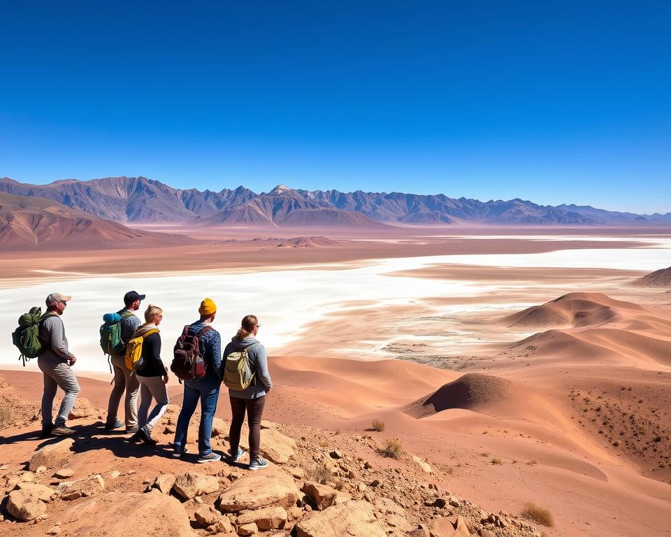 A breathtaking view of the Atacama Desert, featuring expansive salt flats and rugged mountains under a clear blue sky. In the foreground, a diverse group of hikers dressed in modest outdoor clothing stands on a rocky viewpoint, gazing over the vast landscape. The middle ground showcases undulating sand dunes and patches of sparse vegetation, while distant mountains create a dramatic backdrop. The sunlight bathes the scene in warm golden tones, highlighting the textures of the terrain and casting long shadows. The atmosphere is serene and adventurous, evoking a sense of exploration and natural wonder. The image should capture the essence of outdoor experiences in the Atacama, with rich colors and depth, encouraging viewers to immerse themselves in the beauty of this unique landscape.