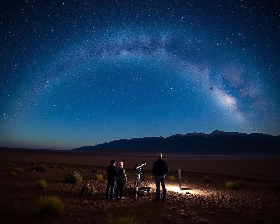 A breathtaking view of the Atacama Desert under a clear, star-studded sky, showcasing the Milky Way arching over the horizon. In the foreground, a serene landscape with rocky terrain and sparse vegetation illuminated by soft moonlight, creating gentle shadows. The middle ground features a small group of travelers clad in modest casual clothing, gazing upwards in awe at the celestial display, with a telescope set up nearby. In the background, majestic mountain silhouettes frame the scene, against a vivid gradient of dark blue and indigo hues of the night sky. The atmosphere is tranquil yet awe-inspiring, inviting viewers to experience the wonder of astrotours in this unique stargazing destination. The image is captured with a wide-angle lens, emphasizing the vastness of the desert and the brilliance of the stars.