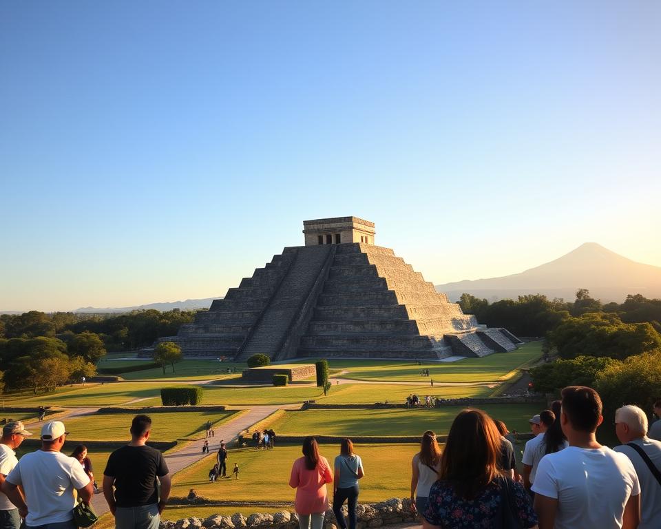 A breathtaking view of the Cholula Pyramid, showcasing its impressive archaeological structure against a clear blue sky. In the foreground, a group of visitors, dressed in casual, modest clothing, are observing the pyramid, hinting at the importance of respecting rules during their visit. The middle ground features the lush green landscape surrounding the pyramid, with carefully maintained pathways leading towards it. In the background, the magnificent pyramid, known for its vast size and subtle earth tones, looms majestically, with the Popocatépetl volcano visible in the distance. The lighting is warm and inviting, capturing the golden hour of sunset, which casts a soft glow on the scene, evoking a sense of wonder and exploration. This image encapsulates the atmosphere of discovery and reverence for history. A breathtaking view of the Cholula Pyramid, showcasing its impressive archaeological structure against a clear blue sky. In the foreground, a group of visitors, dressed in casual, modest clothing, are observing the pyramid, hinting at the importance of respecting rules during their visit. The middle ground features the lush green landscape surrounding the pyramid, with carefully maintained pathways leading towards it. In the background, the magnificent pyramid, known for its vast size and subtle earth tones, looms majestically, with the Popocatépetl volcano visible in the distance. The lighting is warm and inviting, capturing the golden hour of sunset, which casts a soft glow on the scene, evoking a sense of wonder and exploration. This image encapsulates the atmosphere of discovery and reverence for history.
