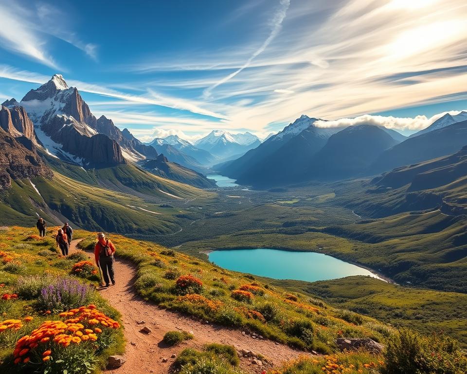 A breathtaking view of the O-Trek in Torres del Paine National Park, showcasing dramatic granite peaks towering above lush, verdant valleys. In the foreground, a winding dirt trail leads through colorful wildflowers, with hikers in modest outdoor clothing navigating the terrain. The middle ground features snow-capped mountains reflecting the sunlight, while a pristine turquoise lake adds a serene touch. The background reveals distant peaks shrouded in wispy clouds, under an expansive blue sky with soft, golden sunlight filtering through. The scene conveys a sense of adventure and tranquility, inviting viewers to immerse themselves in nature's beauty. The composition is shot from a slightly elevated angle, capturing both the beautiful landscape and the sense of scale. A breathtaking view of the O-Trek in Torres del Paine National Park, showcasing dramatic granite peaks towering above lush, verdant valleys. In the foreground, a winding dirt trail leads through colorful wildflowers, with hikers in modest outdoor clothing navigating the terrain. The middle ground features snow-capped mountains reflecting the sunlight, while a pristine turquoise lake adds a serene touch. The background reveals distant peaks shrouded in wispy clouds, under an expansive blue sky with soft, golden sunlight filtering through. The scene conveys a sense of adventure and tranquility, inviting viewers to immerse themselves in nature's beauty. The composition is shot from a slightly elevated angle, capturing both the beautiful landscape and the sense of scale.