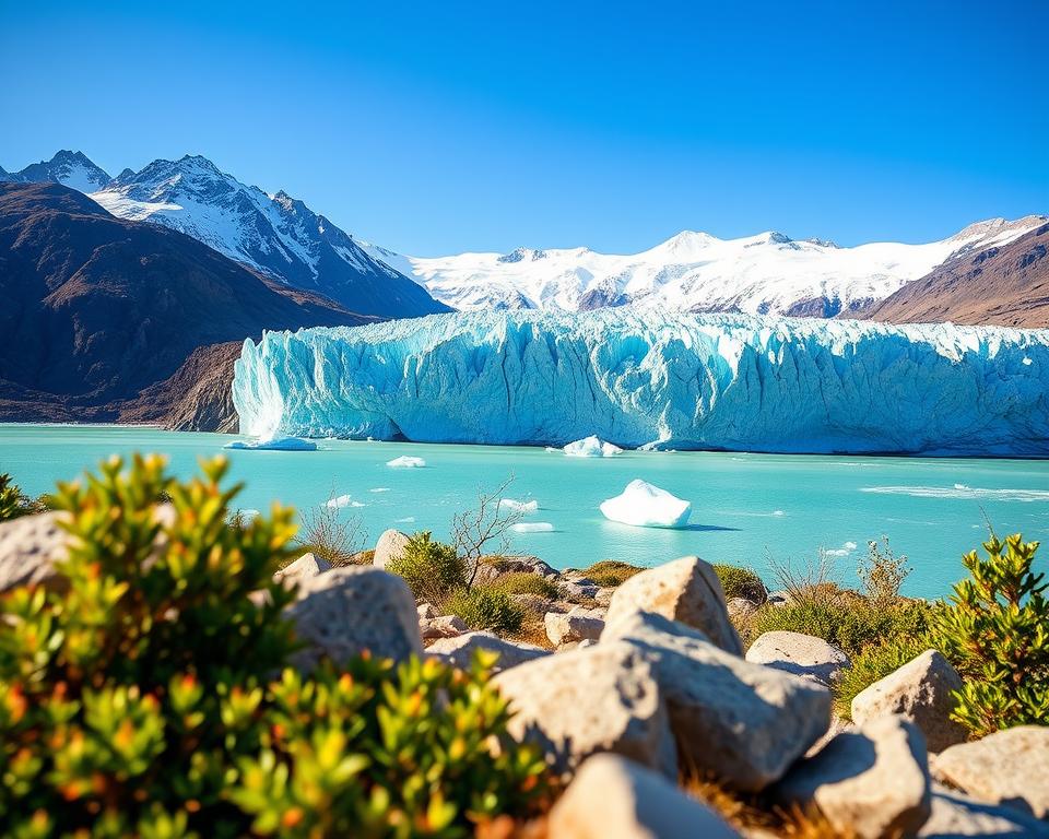 A breathtaking view of the Perito Moreno Glacier, capturing its towering ice formations and deep blue ice crevasses. In the foreground, smooth stones and patches of vibrant green vegetation frame the scene. The middle ground features the massive glacier, extending majestically into the turquoise waters of the glacial lake, with icebergs floating gently nearby. In the background, the Andes mountains rise sharply, their rugged peaks dusted with snow under a clear blue sky. The lighting is soft and warm, suggesting late afternoon, casting gentle shadows and highlighting the texture of the ice. The atmosphere is tranquil yet awe-inspiring, inviting viewers to experience the natural beauty of this iconic location. A breathtaking view of the Perito Moreno Glacier, capturing its towering ice formations and deep blue ice crevasses. In the foreground, smooth stones and patches of vibrant green vegetation frame the scene. The middle ground features the massive glacier, extending majestically into the turquoise waters of the glacial lake, with icebergs floating gently nearby. In the background, the Andes mountains rise sharply, their rugged peaks dusted with snow under a clear blue sky. The lighting is soft and warm, suggesting late afternoon, casting gentle shadows and highlighting the texture of the ice. The atmosphere is tranquil yet awe-inspiring, inviting viewers to experience the natural beauty of this iconic location.