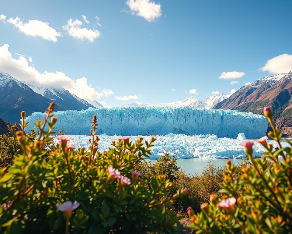 A breathtaking view of the Perito Moreno Glacier during the best travel season, showcasing the stunning blue icebergs against a backdrop of the rugged Andes mountains. In the foreground, vibrant green foliage and wildflowers symbolize the arrival of spring, enhancing the stunning landscape. The middle ground captures the glacier's massive ice face, glistening in bright sunlight, emphasizing its majestic size. The background features a clear blue sky dotted with soft white clouds, creating a serene atmosphere. The lighting is warm and inviting, suggesting a golden hour effect, which adds depth to the scene. The overall mood is peaceful and awe-inspiring, inviting viewers to experience the natural beauty of this unique destination. Include no text or additional elements in the image. A breathtaking view of the Perito Moreno Glacier during the best travel season, showcasing the stunning blue icebergs against a backdrop of the rugged Andes mountains. In the foreground, vibrant green foliage and wildflowers symbolize the arrival of spring, enhancing the stunning landscape. The middle ground captures the glacier's massive ice face, glistening in bright sunlight, emphasizing its majestic size. The background features a clear blue sky dotted with soft white clouds, creating a serene atmosphere. The lighting is warm and inviting, suggesting a golden hour effect, which adds depth to the scene. The overall mood is peaceful and awe-inspiring, inviting viewers to experience the natural beauty of this unique destination. Include no text or additional elements in the image.