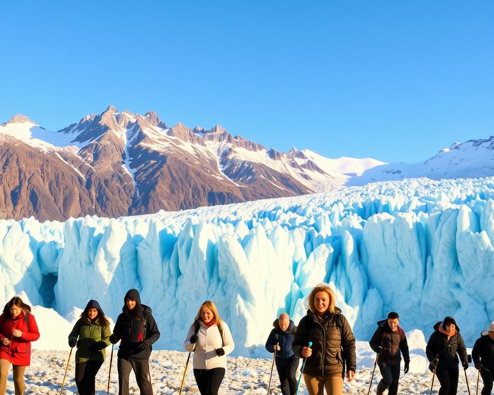 A breathtaking view of the Perito Moreno Glacier in Argentina during a trek, showcasing the striking blue ice formations and crevasses. In the foreground, a group of trekkers dressed in warm, modest outdoor clothing, equipped with walking sticks, cautiously navigate the glacial terrain, with expressions of awe and excitement. The middle ground features towering ice walls, illuminated by the soft golden light of a late afternoon sun, highlighting the textures and colors of the ice. In the background, rugged mountains rise against a clear blue sky, enhancing the dramatic landscape. The overall mood is adventurous and serene, evoking the thrill of exploration in this natural wonder. The image captures the exhilarating spirit of glacier trekking at Perito Moreno. A breathtaking view of the Perito Moreno Glacier in Argentina during a trek, showcasing the striking blue ice formations and crevasses. In the foreground, a group of trekkers dressed in warm, modest outdoor clothing, equipped with walking sticks, cautiously navigate the glacial terrain, with expressions of awe and excitement. The middle ground features towering ice walls, illuminated by the soft golden light of a late afternoon sun, highlighting the textures and colors of the ice. In the background, rugged mountains rise against a clear blue sky, enhancing the dramatic landscape. The overall mood is adventurous and serene, evoking the thrill of exploration in this natural wonder. The image captures the exhilarating spirit of glacier trekking at Perito Moreno.