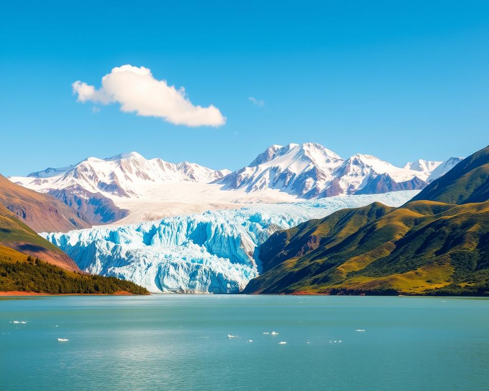 A breathtaking view of the Perito Moreno Glacier in Argentina during the best travel season, showcasing vibrant hues of blue and white ice. In the foreground, a serene lake reflects the towering glacier, dotted with small icebergs. The middle ground features lush green foothills that gently descend toward the water's edge. The background is dominated by the majestic Andes mountains, their peaks kissed by soft, golden sunlight, indicative of late spring or early summer. The atmosphere is tranquil and invigorating, with clear blue skies and a few fluffy white clouds. Capture this scene with a wide-angle lens to emphasize the grandeur of the glacier and its surrounding nature, under warm, diffused lighting to enhance the colors and details of the landscape. A breathtaking view of the Perito Moreno Glacier in Argentina during the best travel season, showcasing vibrant hues of blue and white ice. In the foreground, a serene lake reflects the towering glacier, dotted with small icebergs. The middle ground features lush green foothills that gently descend toward the water's edge. The background is dominated by the majestic Andes mountains, their peaks kissed by soft, golden sunlight, indicative of late spring or early summer. The atmosphere is tranquil and invigorating, with clear blue skies and a few fluffy white clouds. Capture this scene with a wide-angle lens to emphasize the grandeur of the glacier and its surrounding nature, under warm, diffused lighting to enhance the colors and details of the landscape.
