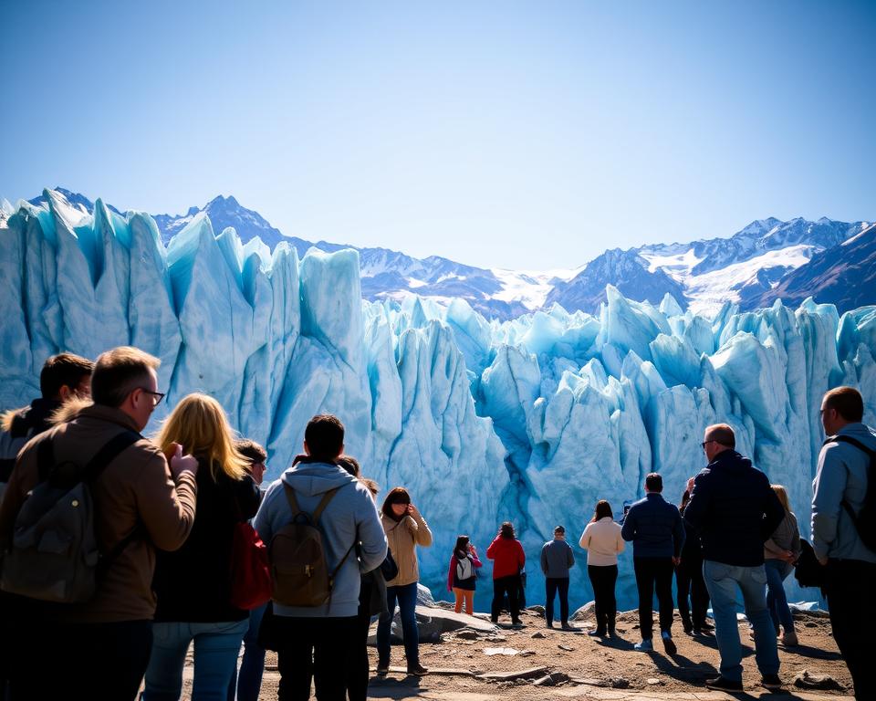 A breathtaking view of the Perito Moreno Glacier in Argentina, showcasing the massive blue ice formations with intricate textures. In the foreground, a small group of tourists in modest casual clothing is engaging with the environment, taking photos and admiring the glacier's grandeur. The middle ground features the striking ice wall, glistening under the bright sunlight with shadows accentuating its crevices. In the background, majestic mountains loom, their peaks kissed by a clear blue sky. Soft, natural lighting bathes the scene, creating a serene and awe-inspiring atmosphere. The angle captures the vastness of the glacier, inviting viewers to appreciate the beauty and scale of this natural wonder, ideal for illustrating budget considerations for a day spent at the glacier. A breathtaking view of the Perito Moreno Glacier in Argentina, showcasing the massive blue ice formations with intricate textures. In the foreground, a small group of tourists in modest casual clothing is engaging with the environment, taking photos and admiring the glacier's grandeur. The middle ground features the striking ice wall, glistening under the bright sunlight with shadows accentuating its crevices. In the background, majestic mountains loom, their peaks kissed by a clear blue sky. Soft, natural lighting bathes the scene, creating a serene and awe-inspiring atmosphere. The angle captures the vastness of the glacier, inviting viewers to appreciate the beauty and scale of this natural wonder, ideal for illustrating budget considerations for a day spent at the glacier.