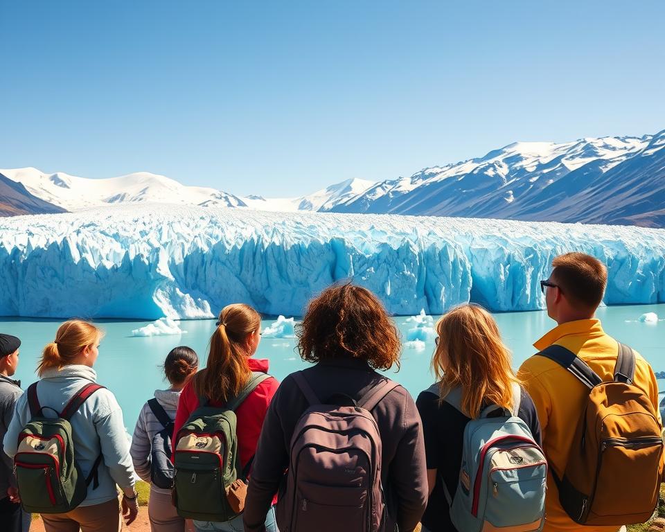 A breathtaking view of the Perito Moreno Glacier in Patagonia, Argentina, showcasing a vibrant landscape focused on sustainable travel. In the foreground, a group of diverse travelers dressed in modest, casual outdoor clothing admire the stunning glacier, their expressions reflecting awe and respect for nature. The middle ground features the dramatic bright-blue ice formations of the glacier, with small icebergs floating in the turquoise waters. In the background, majestic snow-capped mountains resonate under a clear blue sky. The lighting is warm and inviting, capturing the midday sun with soft shadows, while the atmosphere feels serene and harmonious, emphasizing the importance of eco-friendly practices to protect this natural wonder. A breathtaking view of the Perito Moreno Glacier in Patagonia, Argentina, showcasing a vibrant landscape focused on sustainable travel. In the foreground, a group of diverse travelers dressed in modest, casual outdoor clothing admire the stunning glacier, their expressions reflecting awe and respect for nature. The middle ground features the dramatic bright-blue ice formations of the glacier, with small icebergs floating in the turquoise waters. In the background, majestic snow-capped mountains resonate under a clear blue sky. The lighting is warm and inviting, capturing the midday sun with soft shadows, while the atmosphere feels serene and harmonious, emphasizing the importance of eco-friendly practices to protect this natural wonder.