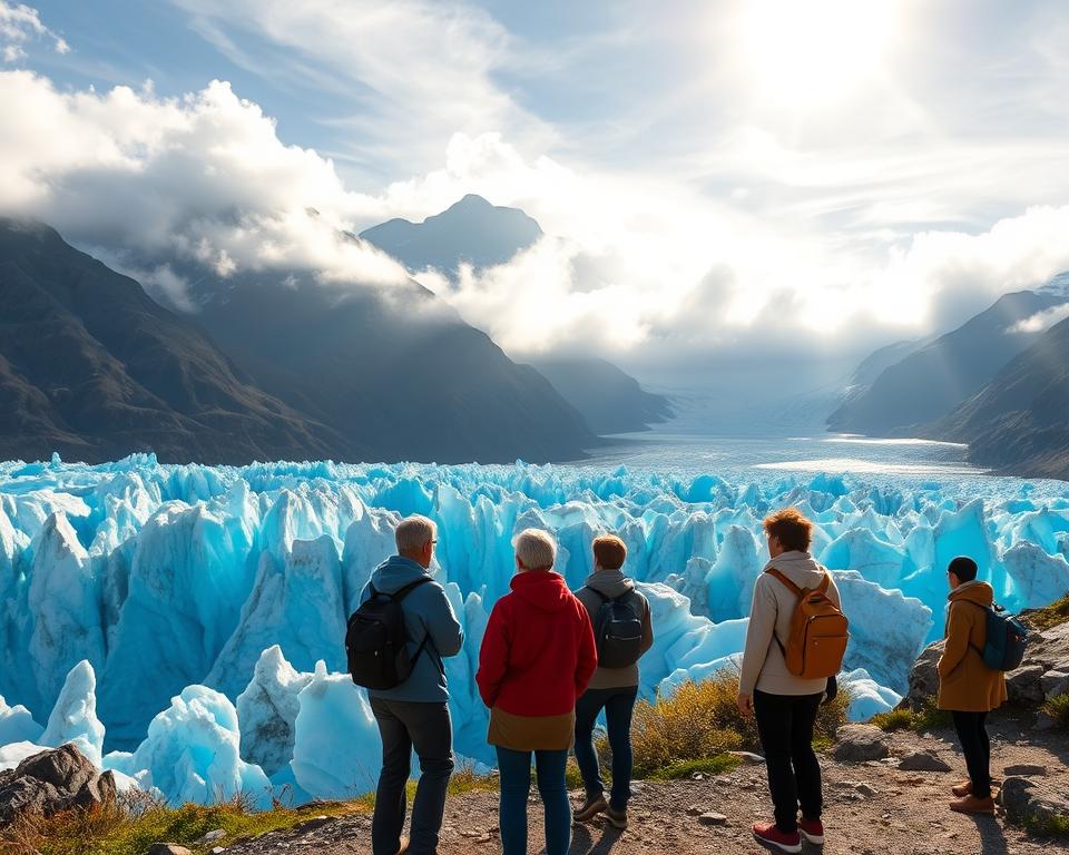 A breathtaking view of the Perito Moreno Glacier in Patagonia, with vibrant turquoise ice contrasts set against the surrounding rugged mountains. In the foreground, a small group of eco-conscious travelers in modest casual clothing are observing the glacier, showcasing sustainable travel practices. Soft sunlight filters through the clouds, casting a warm glow over the landscape, creating a serene and inviting atmosphere. The middle ground features gleaming blue ice formations and nature trails, emphasizing the natural beauty. In the background, the towering Andes mountains, partially shrouded in mist, provide a majestic backdrop. The scene embodies responsible tourism, highlighting the importance of environmental stewardship while encouraging a connection with nature. Use a wide-angle lens to capture the expansive landscape. A breathtaking view of the Perito Moreno Glacier in Patagonia, with vibrant turquoise ice contrasts set against the surrounding rugged mountains. In the foreground, a small group of eco-conscious travelers in modest casual clothing are observing the glacier, showcasing sustainable travel practices. Soft sunlight filters through the clouds, casting a warm glow over the landscape, creating a serene and inviting atmosphere. The middle ground features gleaming blue ice formations and nature trails, emphasizing the natural beauty. In the background, the towering Andes mountains, partially shrouded in mist, provide a majestic backdrop. The scene embodies responsible tourism, highlighting the importance of environmental stewardship while encouraging a connection with nature. Use a wide-angle lens to capture the expansive landscape.