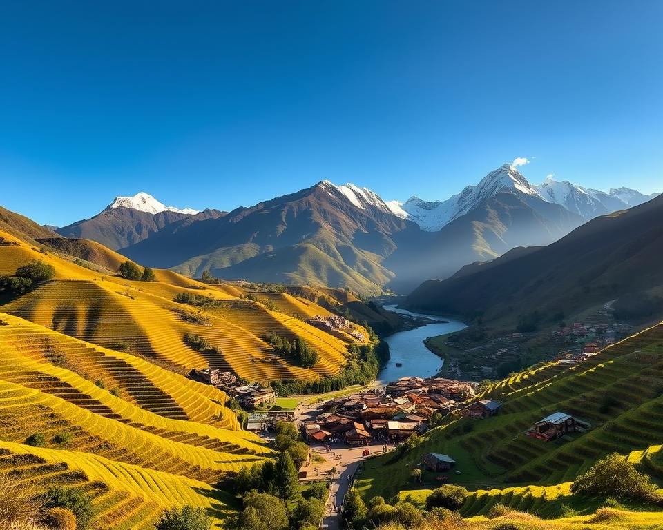 A breathtaking view of the Sacred Valley in Peru, featuring lush green hills and majestic mountains under a clear blue sky. In the foreground, traditional Inca terraced fields stretch across the landscape, showcasing vibrant greens and earthy tones. Closer to the middle, a serene river winds through quaint villages with adobe houses, interspersed with colorful market stalls and local artisans wearing traditional clothing. In the background, the towering Andes mountains rise dramatically, their peaks dusted with snow, creating a striking contrast against the greenery. The scene is illuminated by soft, golden afternoon light, casting gentle shadows that enhance the rich textures of the landscape. The atmosphere is peaceful and inviting, capturing the essence of the Sacred Valley's cultural and natural beauty. A breathtaking view of the Sacred Valley in Peru, featuring lush green hills and majestic mountains under a clear blue sky. In the foreground, traditional Inca terraced fields stretch across the landscape, showcasing vibrant greens and earthy tones. Closer to the middle, a serene river winds through quaint villages with adobe houses, interspersed with colorful market stalls and local artisans wearing traditional clothing. In the background, the towering Andes mountains rise dramatically, their peaks dusted with snow, creating a striking contrast against the greenery. The scene is illuminated by soft, golden afternoon light, casting gentle shadows that enhance the rich textures of the landscape. The atmosphere is peaceful and inviting, capturing the essence of the Sacred Valley's cultural and natural beauty.