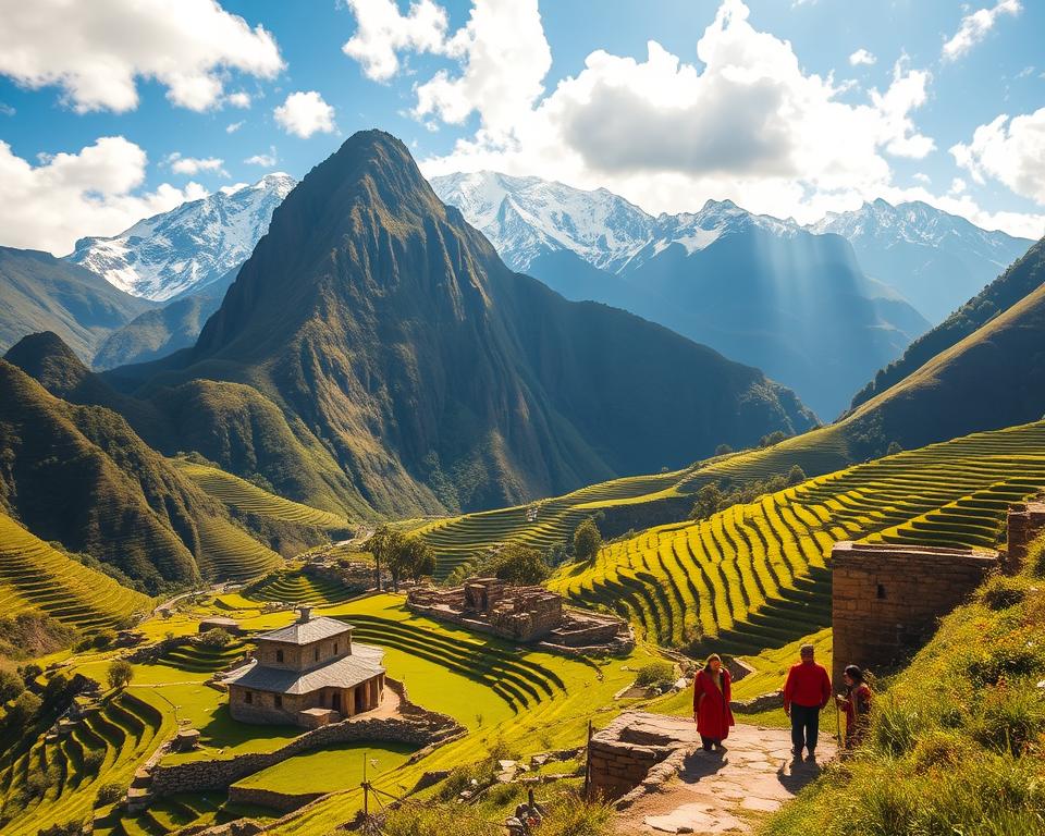 A breathtaking view of the Sacred Valley in Peru, showcasing the majestic Andean mountains in the background, their peaks dusted with snow. In the foreground, vibrant green terraces cascade down the hills, typical of Inca agricultural practices. A clear blue sky with soft white clouds filters warm sunlight over the scene, creating a serene and inviting atmosphere. The middle ground features a traditional Inca stone structure, symbolizing the rich cultural heritage of the area. Optional human figures dressed in modest, colorful traditional attire are engaged in daily life, highlighting the cultural essence of the region. Capture this vibrant landscape with a wide-angle lens to emphasize the expansive beauty of the valley, ensuring a warm and immersive ambiance that reflects the heart of Inca culture.