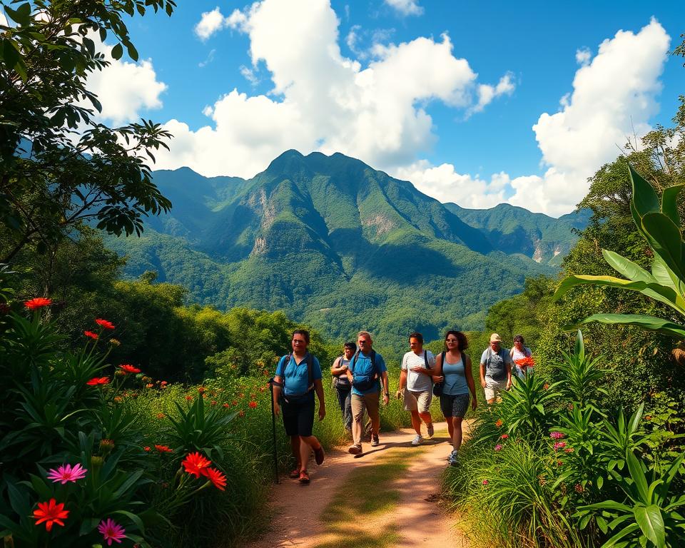 A breathtaking view of the Tayrona National Natural Park, showcasing the important hiking routes and trails. In the foreground, lush tropical foliage and vibrant wildflowers frame the pathway, guiding the eye along a well-trodden trail. The middle ground reveals diverse hikers in modest casual clothing, actively exploring the terrain, embodying a spirit of adventure. In the background, majestic mountain ridges rise steeply, draped in verdant greenery, while a clear blue sky with soft, fluffy clouds provides a stunning contrast. Warm, dappled sunlight filters through the trees, creating an inviting atmosphere. The scene evokes a sense of exploration and connection with nature, perfect for illustrating the park's routes and hiking experiences. A breathtaking view of the Tayrona National Natural Park, showcasing the important hiking routes and trails. In the foreground, lush tropical foliage and vibrant wildflowers frame the pathway, guiding the eye along a well-trodden trail. The middle ground reveals diverse hikers in modest casual clothing, actively exploring the terrain, embodying a spirit of adventure. In the background, majestic mountain ridges rise steeply, draped in verdant greenery, while a clear blue sky with soft, fluffy clouds provides a stunning contrast. Warm, dappled sunlight filters through the trees, creating an inviting atmosphere. The scene evokes a sense of exploration and connection with nature, perfect for illustrating the park's routes and hiking experiences.