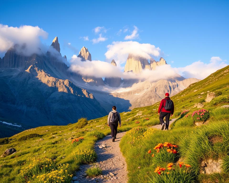 A breathtaking view of the Torres del Paine National Park during a daytime hike, showcasing the iconic granite peaks illuminated by soft, golden sunlight. In the foreground, a rugged trail winds through vibrant wildflowers and lush green grass, leading the viewer's eye towards the towering mountains. In the middle ground, hikers in modest, casual clothing navigate the path, their expressions reflecting awe and tranquility. In the background, dramatic clouds float above the majestic Torres, casting ethereal shadows on the rocky terrain. The scene is infused with a sense of adventure and serenity, capturing the essence of day hikes in this stunning natural landscape. The composition is framed with a wide-angle lens, enhancing the grandeur of the mountains and the vastness of the park, with clear blue skies above. A breathtaking view of the Torres del Paine National Park during a daytime hike, showcasing the iconic granite peaks illuminated by soft, golden sunlight. In the foreground, a rugged trail winds through vibrant wildflowers and lush green grass, leading the viewer's eye towards the towering mountains. In the middle ground, hikers in modest, casual clothing navigate the path, their expressions reflecting awe and tranquility. In the background, dramatic clouds float above the majestic Torres, casting ethereal shadows on the rocky terrain. The scene is infused with a sense of adventure and serenity, capturing the essence of day hikes in this stunning natural landscape. The composition is framed with a wide-angle lens, enhancing the grandeur of the mountains and the vastness of the park, with clear blue skies above.