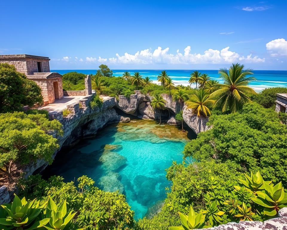 A breathtaking view of the Tulum ruins set against a clear blue sky, with ancient stone structures resembling a Mayan temple prominently in the foreground. In the middle ground, lush green foliage surrounds the area, showcasing vibrant tropical plants and trees. A beautiful cenote with crystal-clear turquoise water contrasts with the surrounding rocky terrain, inviting exploration. The background features the serene coastline of the Caribbean Sea, with gentle waves lapping at a white sandy beach. The atmosphere is bright and lively, capturing the essence of a sunny day in nature. Soft, natural lighting enhances the colors, and the scene is captured from a slightly elevated angle, providing depth and showcasing the stunning landscape, ideal for adventurous travelers. A breathtaking view of the Tulum ruins set against a clear blue sky, with ancient stone structures resembling a Mayan temple prominently in the foreground. In the middle ground, lush green foliage surrounds the area, showcasing vibrant tropical plants and trees. A beautiful cenote with crystal-clear turquoise water contrasts with the surrounding rocky terrain, inviting exploration. The background features the serene coastline of the Caribbean Sea, with gentle waves lapping at a white sandy beach. The atmosphere is bright and lively, capturing the essence of a sunny day in nature. Soft, natural lighting enhances the colors, and the scene is captured from a slightly elevated angle, providing depth and showcasing the stunning landscape, ideal for adventurous travelers.