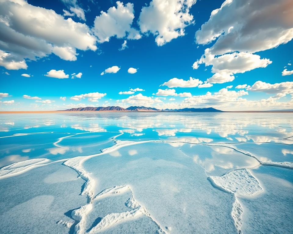 A breathtaking view of the Uyuni Salt Flats in Bolivia, showcasing the expansive, mirror-like surface reflecting the vibrant blue sky and scattered fluffy white clouds. In the foreground, include patches of crystalline salt formations glistening in the sunlight, creating a stunning contrast with the vividness of the sky. The middle ground should feature a distant line of rugged mountains, slightly hazy, adding depth to the scene. Capture the moment during the golden hour, where warm sunlight casts long shadows and enhances the textures of the salt crust. Use a wide-angle lens to encapsulate the vastness of the landscape, evoking a sense of wonder and awe, perfect for illustrating the enchanting atmosphere of Uyuni Salars.