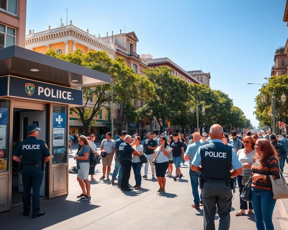 A bustling Buenos Aires street scene depicting a police station and medical assistance center prominently in the foreground, with police officers in professional attire assisting citizens. In the middle ground, display a diverse group of people calmly interacting, including tourists receiving guidance and locals engaging with emergency services. The background features iconic Buenos Aires architecture, such as colorful buildings and trees lining the avenue, under a clear blue sky. The lighting is bright and natural, suggesting a sunny day. The atmosphere conveys a sense of safety and organization, portraying a city well-prepared for emergencies. Use a wide-angle lens to capture the vibrancy of the scene, ensuring a balance between human activity and the urban landscape. A bustling Buenos Aires street scene depicting a police station and medical assistance center prominently in the foreground, with police officers in professional attire assisting citizens. In the middle ground, display a diverse group of people calmly interacting, including tourists receiving guidance and locals engaging with emergency services. The background features iconic Buenos Aires architecture, such as colorful buildings and trees lining the avenue, under a clear blue sky. The lighting is bright and natural, suggesting a sunny day. The atmosphere conveys a sense of safety and organization, portraying a city well-prepared for emergencies. Use a wide-angle lens to capture the vibrancy of the scene, ensuring a balance between human activity and the urban landscape.