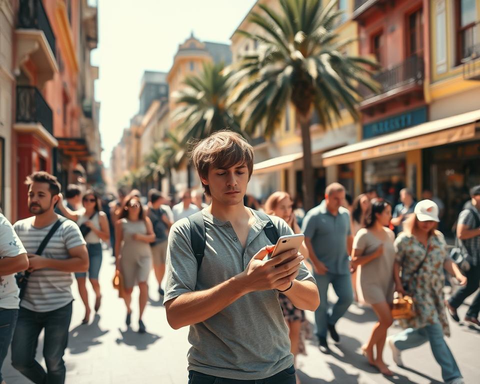 A bustling street scene in Buenos Aires during the day, capturing the vibrant city life. In the foreground, a focus on a casually dressed individual, a young adult in modest clothing, appearing concerned while gripping their smartphone. The middle ground showcases a diverse group of people, including a couple engaged in conversation and a street vendor selling handmade goods, highlighting the dynamic atmosphere. The background features iconic Buenos Aires architecture, with colorful buildings under bright sunlight. Soft shadows cast by overhanging awnings create a warm ambiance, while palm trees sway gently. The image conveys a sense of urban energy, caution, and the importance of being vigilant against theft, especially of smartphones. The perspective should be slightly elevated, offering a comprehensive view of the lively street. A bustling street scene in Buenos Aires during the day, capturing the vibrant city life. In the foreground, a focus on a casually dressed individual, a young adult in modest clothing, appearing concerned while gripping their smartphone. The middle ground showcases a diverse group of people, including a couple engaged in conversation and a street vendor selling handmade goods, highlighting the dynamic atmosphere. The background features iconic Buenos Aires architecture, with colorful buildings under bright sunlight. Soft shadows cast by overhanging awnings create a warm ambiance, while palm trees sway gently. The image conveys a sense of urban energy, caution, and the importance of being vigilant against theft, especially of smartphones. The perspective should be slightly elevated, offering a comprehensive view of the lively street.