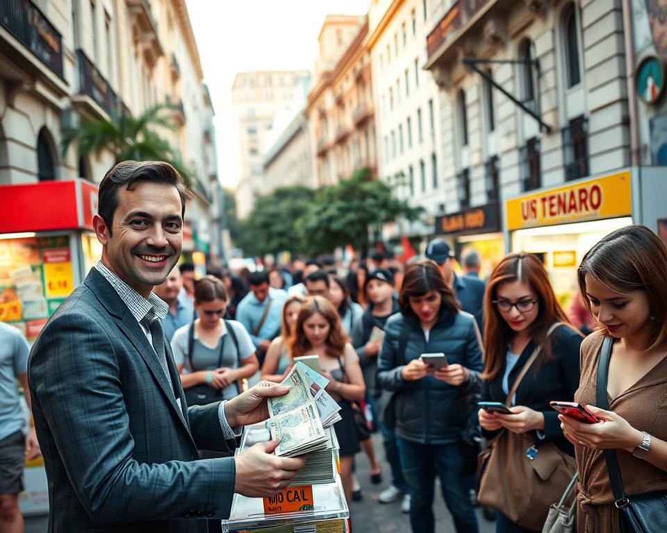 A bustling street scene in Buenos Aires, showcasing a vibrant, open-air currency exchange market. In the foreground, a friendly, professional-looking individual dressed in smart casual attire is exchanging money, interacting with a diverse group of tourists, all appearing engaged and cautious. The middle ground features colorful stalls with currency signs in Spanish, and tourists examining their wallets and phone apps for currency converters. The background reveals iconic Buenos Aires architecture, with well-tended trees and hints of street art adorning the walls. Soft, golden hour lighting bathes the scene, creating an inviting and warm atmosphere, while ensuring the depiction remains safe for work and commercially viable. The angle captures both the intimacy of the exchange process and the lively environment around it. A bustling street scene in Buenos Aires, showcasing a vibrant, open-air currency exchange market. In the foreground, a friendly, professional-looking individual dressed in smart casual attire is exchanging money, interacting with a diverse group of tourists, all appearing engaged and cautious. The middle ground features colorful stalls with currency signs in Spanish, and tourists examining their wallets and phone apps for currency converters. The background reveals iconic Buenos Aires architecture, with well-tended trees and hints of street art adorning the walls. Soft, golden hour lighting bathes the scene, creating an inviting and warm atmosphere, while ensuring the depiction remains safe for work and commercially viable. The angle captures both the intimacy of the exchange process and the lively environment around it.