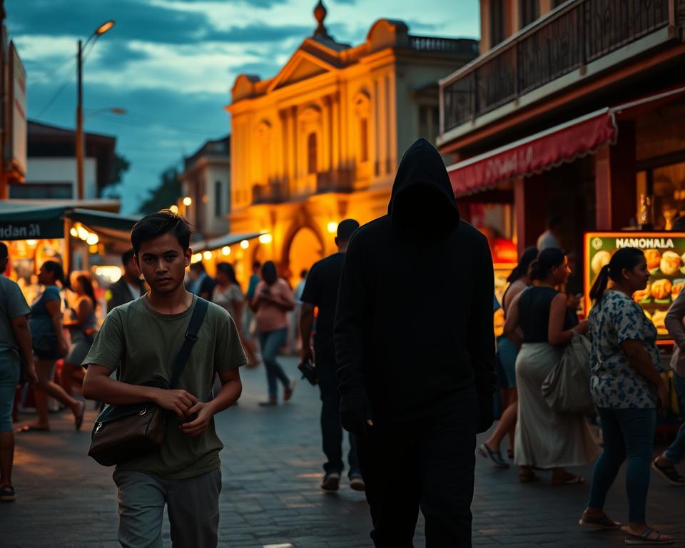 A bustling street scene in a Honduran city at dusk, showcasing both vibrant cultural elements and a subtle tension of theft. In the foreground, a person in modest casual clothing, appearing cautious while clutching a bag containing personal belongings. In the middle, a shadowy figure lurks, embodying the threat of theft, while a group of people engage in conversation nearby, oblivious to the potential danger. The background features colorful market stalls and historic architecture, illuminated by warm streetlights, casting deep shadows. The atmosphere is one of unease mixed with liveliness, highlighting the need for vigilance in urban environments. The image should have a realistic, cinematic quality with a slightly desaturated color palette to evoke a serious mood but retain cultural vibrancy. A bustling street scene in a Honduran city at dusk, showcasing both vibrant cultural elements and a subtle tension of theft. In the foreground, a person in modest casual clothing, appearing cautious while clutching a bag containing personal belongings. In the middle, a shadowy figure lurks, embodying the threat of theft, while a group of people engage in conversation nearby, oblivious to the potential danger. The background features colorful market stalls and historic architecture, illuminated by warm streetlights, casting deep shadows. The atmosphere is one of unease mixed with liveliness, highlighting the need for vigilance in urban environments. The image should have a realistic, cinematic quality with a slightly desaturated color palette to evoke a serious mood but retain cultural vibrancy.