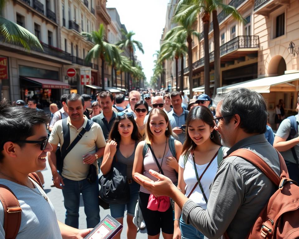 A busy street scene in Buenos Aires, showcasing a diverse group of tourists interacting with street vendors. In the foreground, a vendor with a friendly smile is demonstrating a playful magic trick, captivating a small group of onlookers. In the middle ground, other tourists are observing the scene, with a mix of curiosity and caution in their expressions, dressed in casual yet modest clothing. The background features iconic Buenos Aires architecture, with palm trees and bustling cafes. Bright, natural daylight illuminates the scene, casting soft shadows and enhancing the vibrant colors of the buildings and street life. A slightly elevated angle captures the overall atmosphere of the lively street filled with both excitement and subtle tension, reflecting the theme of recognizing scams in tourist areas. A busy street scene in Buenos Aires, showcasing a diverse group of tourists interacting with street vendors. In the foreground, a vendor with a friendly smile is demonstrating a playful magic trick, captivating a small group of onlookers. In the middle ground, other tourists are observing the scene, with a mix of curiosity and caution in their expressions, dressed in casual yet modest clothing. The background features iconic Buenos Aires architecture, with palm trees and bustling cafes. Bright, natural daylight illuminates the scene, casting soft shadows and enhancing the vibrant colors of the buildings and street life. A slightly elevated angle captures the overall atmosphere of the lively street filled with both excitement and subtle tension, reflecting the theme of recognizing scams in tourist areas.