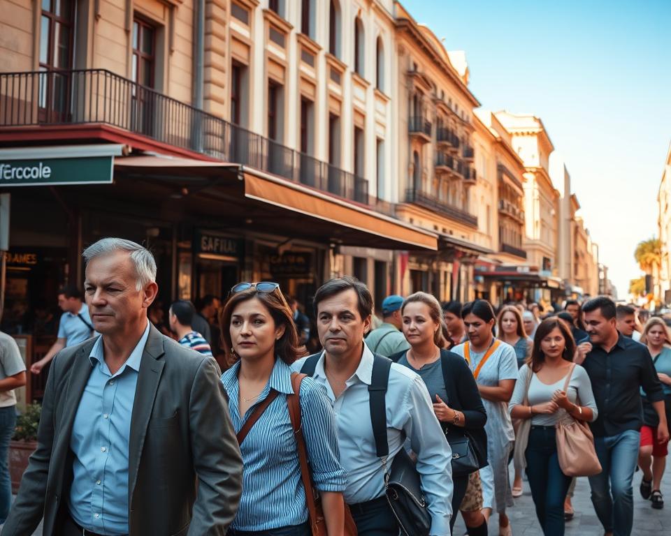 A busy urban street in Buenos Aires, capturing a diverse group of people walking briskly while displaying keen situational awareness. In the foreground, individuals in professional business attire and modest casual clothing maintain alert expressions, looking thoughtfully at their surroundings. The middle ground showcases a vibrant café where patrons are engaged in conversation, while street vendors offer local goods. The background features iconic Buenos Aires architecture under clear blue skies, with the late afternoon sun casting warm golden light, creating a lively yet cautious atmosphere. The lens captures a slightly elevated angle to encompass the energy of the scene and the importance of attentiveness while navigating the city. The mood is dynamic, emphasizing safety, vigilance, and the rich culture of urban life. A busy urban street in Buenos Aires, capturing a diverse group of people walking briskly while displaying keen situational awareness. In the foreground, individuals in professional business attire and modest casual clothing maintain alert expressions, looking thoughtfully at their surroundings. The middle ground showcases a vibrant café where patrons are engaged in conversation, while street vendors offer local goods. The background features iconic Buenos Aires architecture under clear blue skies, with the late afternoon sun casting warm golden light, creating a lively yet cautious atmosphere. The lens captures a slightly elevated angle to encompass the energy of the scene and the importance of attentiveness while navigating the city. The mood is dynamic, emphasizing safety, vigilance, and the rich culture of urban life.