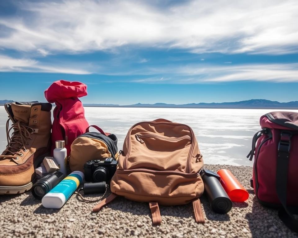 A captivating scene depicting a travel essentials packing list for a Uyuni Salar trip in Bolivia. In the foreground, a neatly organized array of travel items, such as hiking boots, a warm jacket, sunscreen, a camera, and a reusable water bottle, is laid out on a textured surface. In the middle, include a detailed sand-colored backpack partially zipped open, revealing more travel gear. The background features the expansive, shimmering white salt flats of Uyuni under a bright blue sky, with distant mountains visible on the horizon. The lighting is bright and natural, capturing the reflective qualities of the salt flats. The atmosphere is adventurous and inviting, evoking the joy of exploring this unique landscape.
