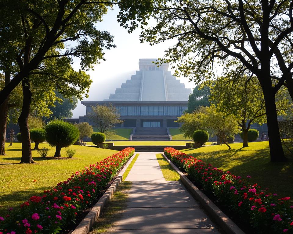 A captivating view of the Museo de Cholula, showcasing its stunning architecture amid lush greenery. In the foreground, a well-maintained pathway lined with vibrant flowers invites visitors to explore. The middle ground features the museum's modern building, characterized by large glass windows and intricate details that reflect both contemporary and historical influences. In the background, the majestic Cholula Pyramid looms slightly shrouded in a gentle mist, creating a sense of mystery. Soft, natural lighting filters through the trees, casting dappled shadows on the pathway. The atmosphere is serene and inviting, encouraging discovery and wonder. The image is captured from a slightly elevated angle to include both the museum and the pyramid, highlighting their relationship in this archaeological treasure. A captivating view of the Museo de Cholula, showcasing its stunning architecture amid lush greenery. In the foreground, a well-maintained pathway lined with vibrant flowers invites visitors to explore. The middle ground features the museum's modern building, characterized by large glass windows and intricate details that reflect both contemporary and historical influences. In the background, the majestic Cholula Pyramid looms slightly shrouded in a gentle mist, creating a sense of mystery. Soft, natural lighting filters through the trees, casting dappled shadows on the pathway. The atmosphere is serene and inviting, encouraging discovery and wonder. The image is captured from a slightly elevated angle to include both the museum and the pyramid, highlighting their relationship in this archaeological treasure.
