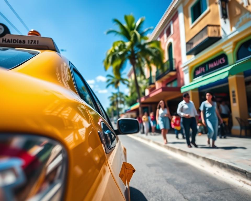 A city street in Honduras during the day, showcasing a bright yellow taxi parked on the side, with the vibrant colors of local shops and cafes in the background. In the foreground, focus on the taxi with its clean, polished surface reflecting the sunlight, capturing the essence of transportation safety. The middle ground features well-dressed local residents and tourists walking along the sidewalk, contributing to the lively atmosphere. Bright blue skies above infuse the scene with optimism and warmth. Use a wide-angle lens to emphasize the surroundings, creating a sense of inviting openness. The overall mood is friendly and secure, encouraging safe travel experiences in Honduras. A city street in Honduras during the day, showcasing a bright yellow taxi parked on the side, with the vibrant colors of local shops and cafes in the background. In the foreground, focus on the taxi with its clean, polished surface reflecting the sunlight, capturing the essence of transportation safety. The middle ground features well-dressed local residents and tourists walking along the sidewalk, contributing to the lively atmosphere. Bright blue skies above infuse the scene with optimism and warmth. Use a wide-angle lens to emphasize the surroundings, creating a sense of inviting openness. The overall mood is friendly and secure, encouraging safe travel experiences in Honduras.