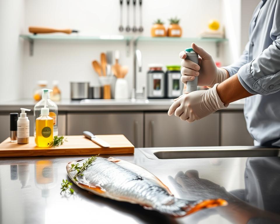 A clean, modern kitchen setting focused on food hygiene while preparing fish. In the foreground, a stainless steel countertop featuring a whole fresh fish, garnished with herbs; a chopping board with a knife beside it. In the middle ground, a tidy sink with soap and sanitizing spray for food preparation, and a pair of hands in modest, professional gloves handling the fish carefully. In the background, clear organization of kitchen utensils and ingredients in neatly labeled containers. Soft natural light illuminates the space, creating a warm and inviting atmosphere. The angle captures the kitchen's cleanliness and order, emphasizing safety practices in food preparation. A clean, modern kitchen setting focused on food hygiene while preparing fish. In the foreground, a stainless steel countertop featuring a whole fresh fish, garnished with herbs; a chopping board with a knife beside it. In the middle ground, a tidy sink with soap and sanitizing spray for food preparation, and a pair of hands in modest, professional gloves handling the fish carefully. In the background, clear organization of kitchen utensils and ingredients in neatly labeled containers. Soft natural light illuminates the space, creating a warm and inviting atmosphere. The angle captures the kitchen's cleanliness and order, emphasizing safety practices in food preparation.