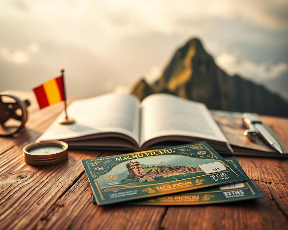 A close-up view of Machu Picchu tickets, elegantly displayed on a textured wooden table. In the foreground, the tickets feature intricate designs, with vibrant hues of green and gold, showcasing the iconic silhouette of Machu Picchu. Surrounding the tickets are small travel-related items like a vintage compass, a small Peruvian flag, and a guidebook opened to a page about Machu Picchu. In the middle background, a soft focus on a scenic view of the Andes mountains, shrouded in mist, adds depth to the image. The lighting is warm and inviting, suggesting a cozy atmosphere of planning a trip to this ancient site, evoking a sense of adventure and wonder. The shot is taken with a shallow depth of field, emphasizing the tickets while subtly hinting at the majestic landscape behind.