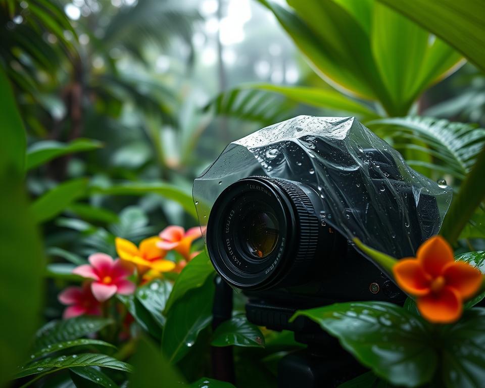 A close-up view of a camera covered with a rain guard, positioned among lush green foliage in the dense Tortuguero National Park rainforest, showcasing rich textures of wet leaves and droplets glistening in soft, diffused natural lighting. In the foreground, capture raindrops on the camera lens and vibrant tropical flowers peeking through the dense greenery. The middle ground features diverse plant species, including ferns and palm fronds, slightly blurred for depth, while the background reveals a misty canopy, creating a sense of the rich biodiversity of the rainforest. The atmosphere should be serene and contemplative, reflecting the beauty and tranquility of nature photography in a rain-soaked environment. Aim for a warm, inviting mood that encourages exploration and respect for the natural world. A close-up view of a camera covered with a rain guard, positioned among lush green foliage in the dense Tortuguero National Park rainforest, showcasing rich textures of wet leaves and droplets glistening in soft, diffused natural lighting. In the foreground, capture raindrops on the camera lens and vibrant tropical flowers peeking through the dense greenery. The middle ground features diverse plant species, including ferns and palm fronds, slightly blurred for depth, while the background reveals a misty canopy, creating a sense of the rich biodiversity of the rainforest. The atmosphere should be serene and contemplative, reflecting the beauty and tranquility of nature photography in a rain-soaked environment. Aim for a warm, inviting mood that encourages exploration and respect for the natural world.