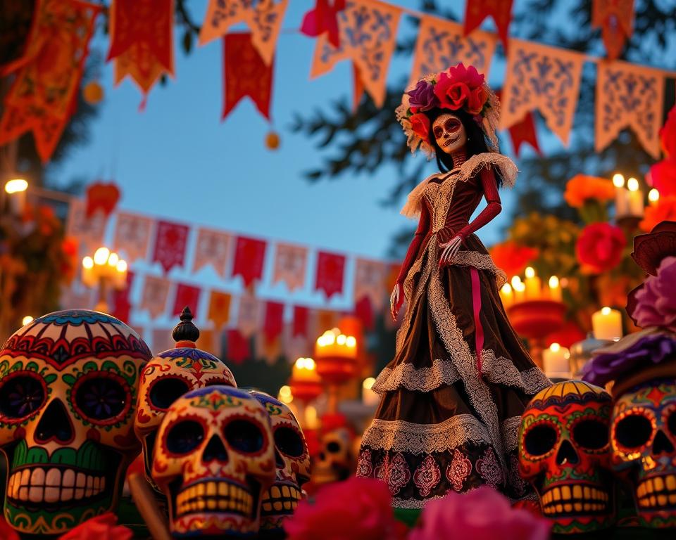 A colorful display of calaveras (decorative skulls) prominently featured in the foreground, showcasing intricate patterns and vibrant colors typical of Día de los Muertos celebrations. Among them, a tall, elegant La Catrina figure stands gracefully, dressed in a flowing, ornate dress adorned with flowers and lace, symbolizing the blend of humor and critique in Mexican culture. In the middle ground, additional calaveras and papel picado banners flutter in the air, setting a festive yet contemplative atmosphere. In the background, soft, warm lighting creates a twilight ambiance, highlighting the festive decorations and flickering candles. The scene captures the spirit of celebration and reverence, evoking a sense of joy mingled with remembrance. The composition is shot from a slightly low angle to emphasize the depth and vibrancy of this rich cultural tradition. A colorful display of calaveras (decorative skulls) prominently featured in the foreground, showcasing intricate patterns and vibrant colors typical of Día de los Muertos celebrations. Among them, a tall, elegant La Catrina figure stands gracefully, dressed in a flowing, ornate dress adorned with flowers and lace, symbolizing the blend of humor and critique in Mexican culture. In the middle ground, additional calaveras and papel picado banners flutter in the air, setting a festive yet contemplative atmosphere. In the background, soft, warm lighting creates a twilight ambiance, highlighting the festive decorations and flickering candles. The scene captures the spirit of celebration and reverence, evoking a sense of joy mingled with remembrance. The composition is shot from a slightly low angle to emphasize the depth and vibrancy of this rich cultural tradition.