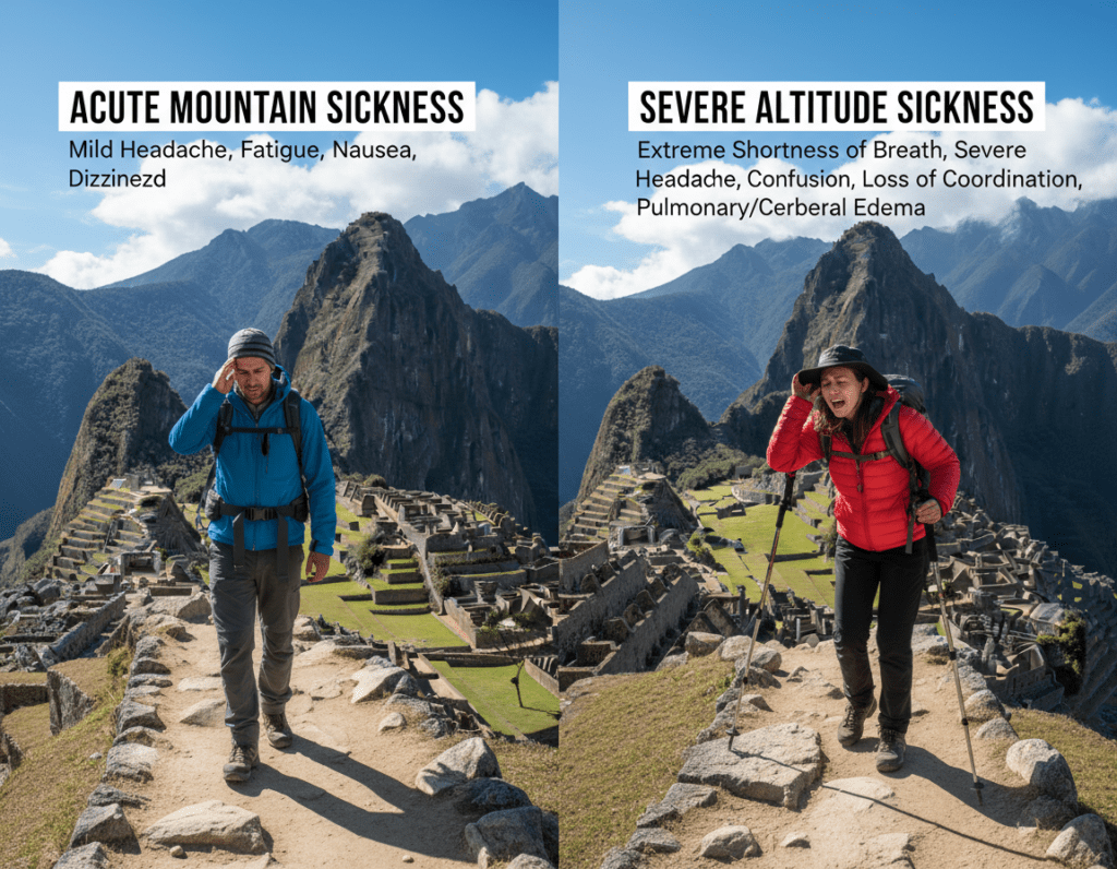 A comparative image illustrating "Acute Mountain Sickness" versus "Severe Altitude Sickness." In the foreground, depict two hikers in professional, modest attire on a rocky mountain trail, experiencing different symptoms: one appears mildly fatigued with slight headaches, while the other shows more intense distress, including shortness of breath and dizziness. In the middle ground, featured vibrant mountain landscapes of Machu Picchu under a bright blue sky, with cloud formations indicative of high altitude. The background should highlight the iconic ruins of Machu Picchu nestled within lush, mountainous terrain. Use natural lighting to create a dynamic atmosphere reflecting the challenge and beauty of high-altitude trekking, and employ a slightly tilted camera angle to enhance the sense of elevation and urgency in the scene.