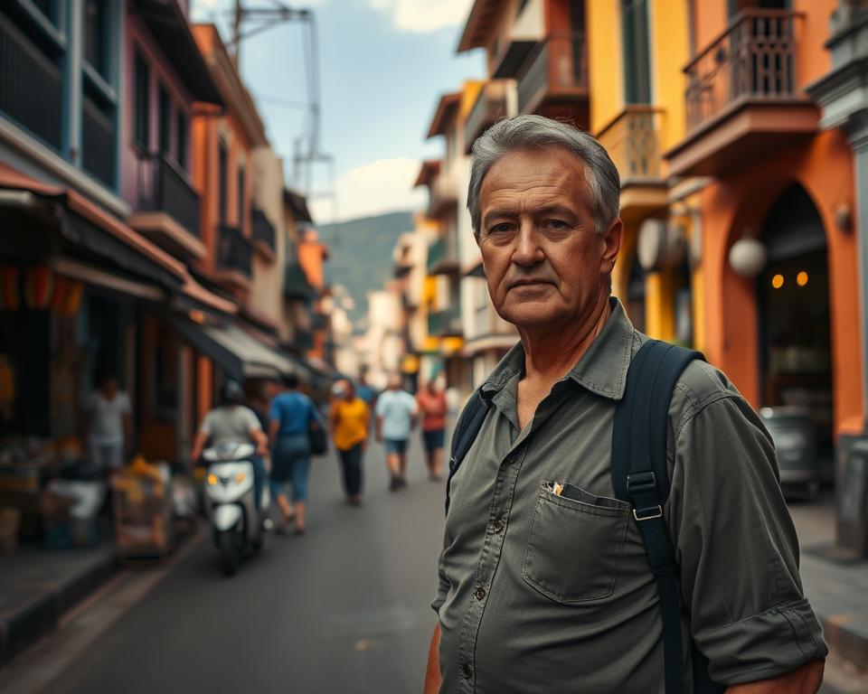 A concerned traveler standing in a bustling urban street in Honduras, showcasing a mix of cultural architecture and background scenery. In the foreground, the traveler, a middle-aged individual in modest casual clothing, appears cautious, scanning their surroundings. The middle ground features local vendors and pedestrians, highlighting everyday life, while subtly conveying an atmosphere of unease. The background displays colorful buildings typical of Honduras contrasted with dimly lit alleys to depict potential risks. The scene is lit by late afternoon sunlight, casting long shadows and creating a tense but realistic mood. Capture this from a slightly low angle to emphasize the traveler’s perspective amidst the environment. A concerned traveler standing in a bustling urban street in Honduras, showcasing a mix of cultural architecture and background scenery. In the foreground, the traveler, a middle-aged individual in modest casual clothing, appears cautious, scanning their surroundings. The middle ground features local vendors and pedestrians, highlighting everyday life, while subtly conveying an atmosphere of unease. The background displays colorful buildings typical of Honduras contrasted with dimly lit alleys to depict potential risks. The scene is lit by late afternoon sunlight, casting long shadows and creating a tense but realistic mood. Capture this from a slightly low angle to emphasize the traveler’s perspective amidst the environment.