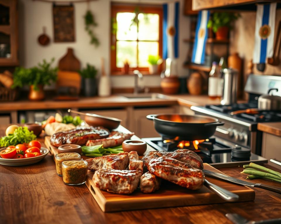 A cozy indoor kitchen scene showcasing an authentic Argentine asado being prepared without a traditional grill. In the foreground, a beautiful wooden table laden with an array of marinated meats, colorful chimichurri, and fresh vegetables ready for cooking. The middle ground features a robust cast iron skillet and a stovetop where the meats are sizzling, with a warm, golden glow emanating from the cooking process. In the background, rustic kitchen decor, with Argentine flags and herbs hanging, creates an inviting atmosphere. Soft, natural lighting through a nearby window enhances the homey vibe, evoking a sense of warmth and togetherness as delicious aromas fill the air. The mood is relaxed and festive, ideal for family and friends gathering around to enjoy traditional flavors. A cozy indoor kitchen scene showcasing an authentic Argentine asado being prepared without a traditional grill. In the foreground, a beautiful wooden table laden with an array of marinated meats, colorful chimichurri, and fresh vegetables ready for cooking. The middle ground features a robust cast iron skillet and a stovetop where the meats are sizzling, with a warm, golden glow emanating from the cooking process. In the background, rustic kitchen decor, with Argentine flags and herbs hanging, creates an inviting atmosphere. Soft, natural lighting through a nearby window enhances the homey vibe, evoking a sense of warmth and togetherness as delicious aromas fill the air. The mood is relaxed and festive, ideal for family and friends gathering around to enjoy traditional flavors.