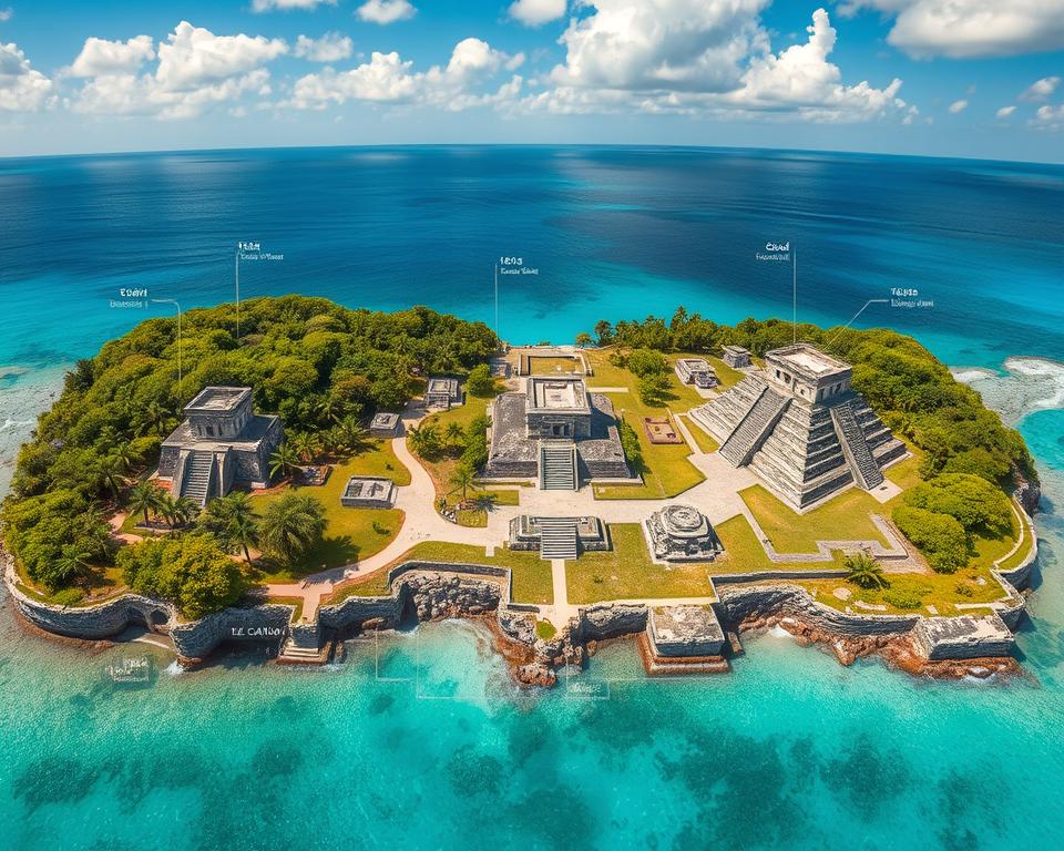 A detailed aerial view of the Tulum ruins, showcasing an interactive layout plan. In the foreground, illustrate the iconic stone structures of the Mayan civilization, such as temples and a ceremonial platform, all surrounded by lush green tropical vegetation. In the middle ground, include pathways leading to different areas of the site, along with clear demarcations of important zones like the El Castillo and the Great Temple. The background features a stunning Caribbean blue sea under a bright, sunny sky, enhancing the vibrant atmosphere. Use a wide-angle perspective to capture the grandeur of the site, highlighting shadows to create depth and dimension. Aim for a serene, educational mood that invites exploration and discovery. No text or labels should be included. A detailed aerial view of the Tulum ruins, showcasing an interactive layout plan. In the foreground, illustrate the iconic stone structures of the Mayan civilization, such as temples and a ceremonial platform, all surrounded by lush green tropical vegetation. In the middle ground, include pathways leading to different areas of the site, along with clear demarcations of important zones like the El Castillo and the Great Temple. The background features a stunning Caribbean blue sea under a bright, sunny sky, enhancing the vibrant atmosphere. Use a wide-angle perspective to capture the grandeur of the site, highlighting shadows to create depth and dimension. Aim for a serene, educational mood that invites exploration and discovery. No text or labels should be included.