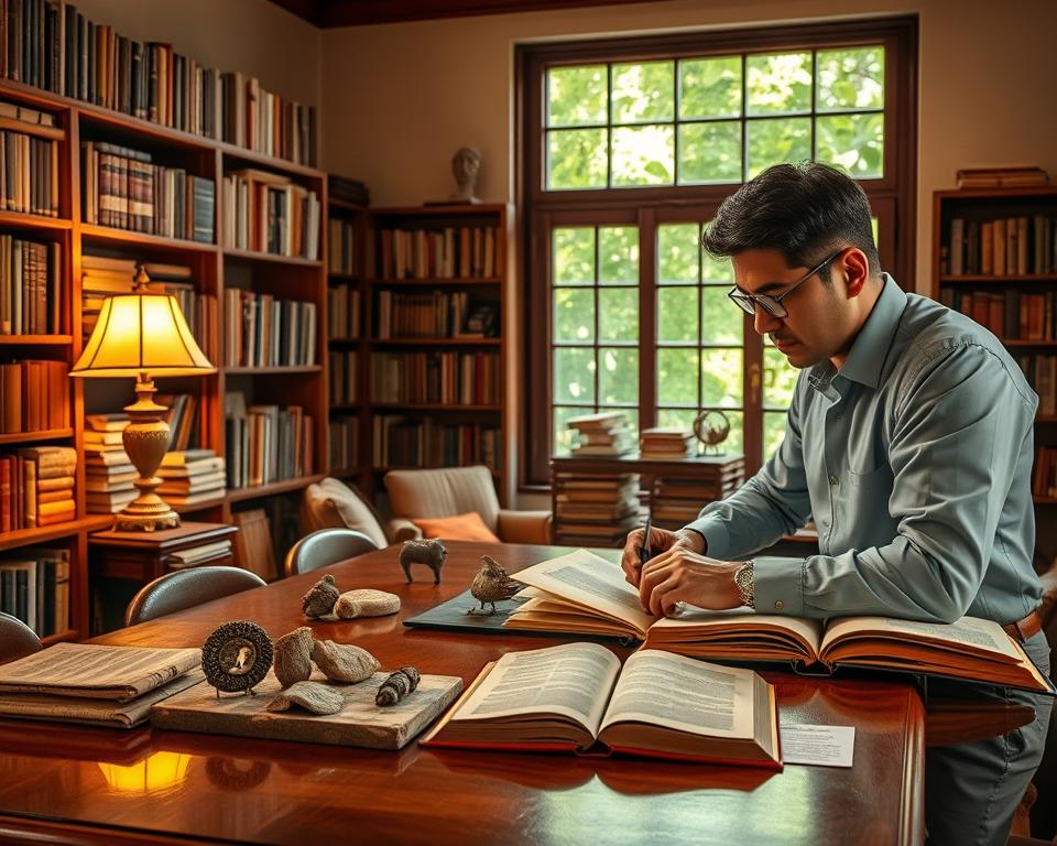 A detailed and serious research scene depicting a historical study of pre-Columbian cultures, set in a cozy, well-lit library. In the foreground, a researcher, dressed in professional attire, is focused on studying ancient artifacts and open books on a polished wooden table. The middle ground showcases shelves filled with meticulously organized books and documents related to Peruvian civilization, with a soft, warm light emanating from an antique brass lamp. In the background, a large window reveals a serene outdoor view of lush greenery, enhancing the atmosphere of contemplation and discovery. The overall mood is one of intellectual curiosity and scholarly dedication, with a balanced focus on historical research and cultural appreciation. A detailed and serious research scene depicting a historical study of pre-Columbian cultures, set in a cozy, well-lit library. In the foreground, a researcher, dressed in professional attire, is focused on studying ancient artifacts and open books on a polished wooden table. The middle ground showcases shelves filled with meticulously organized books and documents related to Peruvian civilization, with a soft, warm light emanating from an antique brass lamp. In the background, a large window reveals a serene outdoor view of lush greenery, enhancing the atmosphere of contemplation and discovery. The overall mood is one of intellectual curiosity and scholarly dedication, with a balanced focus on historical research and cultural appreciation.