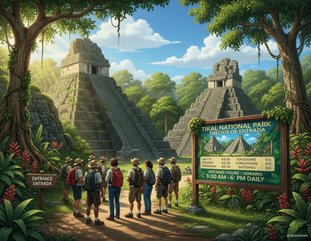 A detailed and vibrant illustration of Tikal, the ancient Maya city located in the lush jungles of Guatemala, focusing on the entrance area with clear signage displaying ticket prices and opening hours. In the foreground, depict tourists of various ethnic backgrounds, dressed in casual travel attire, studying a colorful information board about entry fees and visiting times. The middle ground features majestic temple structures partially shrouded by dense tropical vegetation, while the background reveals towering trees under a bright blue sky with soft, fluffy clouds. A warm, inviting sunlight filters through the treetops, creating a serene and adventurous mood. The angle captures a wide view of the site, emphasizing the grandeur of Tikal amid the vibrant jungle atmosphere. A detailed and vibrant illustration of Tikal, the ancient Maya city located in the lush jungles of Guatemala, focusing on the entrance area with clear signage displaying ticket prices and opening hours. In the foreground, depict tourists of various ethnic backgrounds, dressed in casual travel attire, studying a colorful information board about entry fees and visiting times. The middle ground features majestic temple structures partially shrouded by dense tropical vegetation, while the background reveals towering trees under a bright blue sky with soft, fluffy clouds. A warm, inviting sunlight filters through the treetops, creating a serene and adventurous mood. The angle captures a wide view of the site, emphasizing the grandeur of Tikal amid the vibrant jungle atmosphere.
