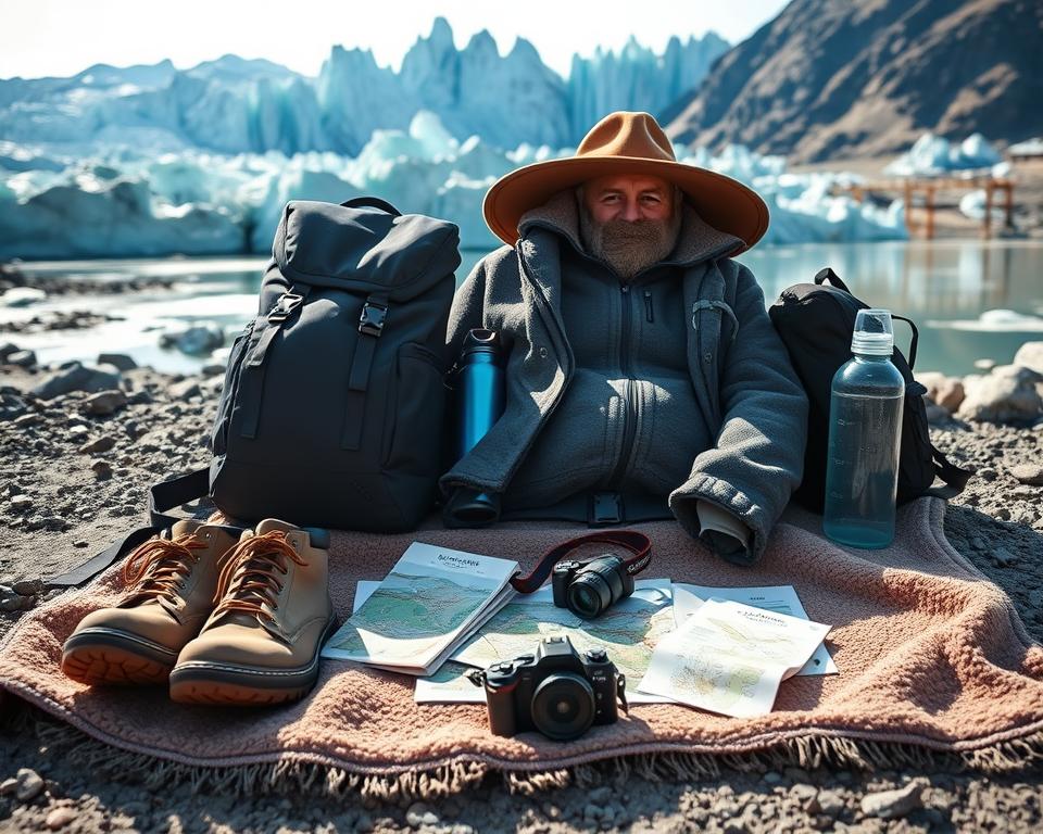 A detailed and visually captivating scene of essential travel gear laid out for a trip to Perito Moreno, Argentina. In the foreground, neatly arranged items include a sturdy backpack, a pair of hiking boots, a warm fleece jacket, a wide-brimmed hat, and a water bottle, all showcasing practicality for Patagonia’s climate. In the middle ground, a soft, rugged blanket is spread out, displaying travel maps and a camera, symbolizing adventure and exploration. The background features the majestic, icy landscape of the Perito Moreno Glacier under soft, diffused sunlight, providing a crisp blue contrast to the gear. The atmosphere is one of excitement and readiness, inviting the viewer to imagine their own unforgettable journey in this stunning environment. The image should be bright and inviting, with a slight focus on the gear, showcasing its importance for travelers. A detailed and visually captivating scene of essential travel gear laid out for a trip to Perito Moreno, Argentina. In the foreground, neatly arranged items include a sturdy backpack, a pair of hiking boots, a warm fleece jacket, a wide-brimmed hat, and a water bottle, all showcasing practicality for Patagonia’s climate. In the middle ground, a soft, rugged blanket is spread out, displaying travel maps and a camera, symbolizing adventure and exploration. The background features the majestic, icy landscape of the Perito Moreno Glacier under soft, diffused sunlight, providing a crisp blue contrast to the gear. The atmosphere is one of excitement and readiness, inviting the viewer to imagine their own unforgettable journey in this stunning environment. The image should be bright and inviting, with a slight focus on the gear, showcasing its importance for travelers.