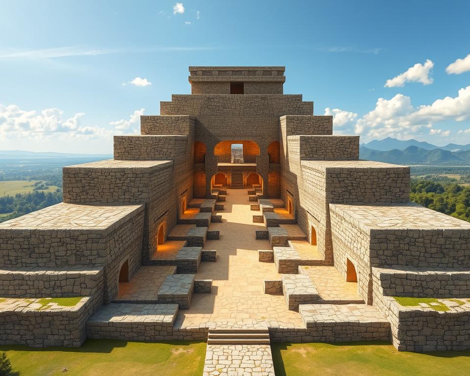 A detailed cross-section illustration of the Cholula Pyramid showcasing its unique architectural layers, complex tunnel systems, and impressive dimensions. In the foreground, highlight the intricate stonework of the pyramid’s outer layer, including textured surfaces and weathered stones. The middle layer should display an expansive view of the labyrinthine tunnels, with soft, natural lighting illuminating their paths, emphasizing depth and perspective. In the background, include a panoramic view of the surrounding landscape, featuring lush greenery and distant mountains under a bright blue sky. The atmosphere should evoke a sense of mystery and grandeur, inviting viewers to explore its hidden secrets. Use a wide-angle perspective to enhance the scale of the pyramid while keeping the composition balanced and visually engaging. A detailed cross-section illustration of the Cholula Pyramid showcasing its unique architectural layers, complex tunnel systems, and impressive dimensions. In the foreground, highlight the intricate stonework of the pyramid’s outer layer, including textured surfaces and weathered stones. The middle layer should display an expansive view of the labyrinthine tunnels, with soft, natural lighting illuminating their paths, emphasizing depth and perspective. In the background, include a panoramic view of the surrounding landscape, featuring lush greenery and distant mountains under a bright blue sky. The atmosphere should evoke a sense of mystery and grandeur, inviting viewers to explore its hidden secrets. Use a wide-angle perspective to enhance the scale of the pyramid while keeping the composition balanced and visually engaging.