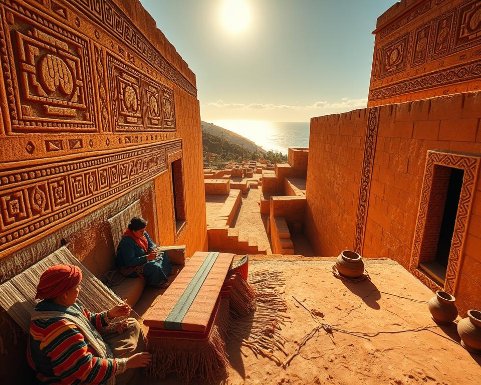 A detailed depiction of Chan Chan, the ancient capital of the Chimú civilization, with expansive adobe walls showcasing intricate geometric patterns and friezes that represent coastal power and craftsmanship. In the foreground, artisans engage in traditional textile weaving and pottery crafting, wearing modest, colorful garments reflecting their cultural heritage. The middle ground features distinct architectural structures, with the sun casting warm, golden light that enhances the textures of the adobe. In the background, the Peruvian coastline hints at the ocean, creating a serene atmosphere. The scene is captured with a wide-angle lens, emphasizing the scale of the city and the vibrancy of daily life, evoking a sense of historical richness and cultural pride. The overall mood is one of reverence towards the Chimú legacy. A detailed depiction of Chan Chan, the ancient capital of the Chimú civilization, with expansive adobe walls showcasing intricate geometric patterns and friezes that represent coastal power and craftsmanship. In the foreground, artisans engage in traditional textile weaving and pottery crafting, wearing modest, colorful garments reflecting their cultural heritage. The middle ground features distinct architectural structures, with the sun casting warm, golden light that enhances the textures of the adobe. In the background, the Peruvian coastline hints at the ocean, creating a serene atmosphere. The scene is captured with a wide-angle lens, emphasizing the scale of the city and the vibrancy of daily life, evoking a sense of historical richness and cultural pride. The overall mood is one of reverence towards the Chimú legacy.
